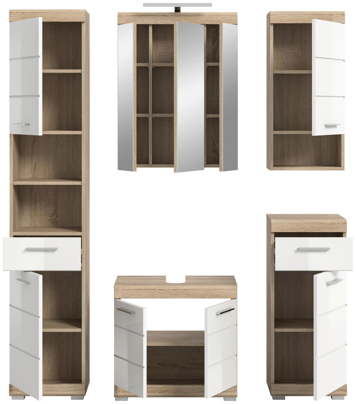 BADEZIMMER 5-teilig  in 134 cm  - Weiß Hochglanz/Silberfarben, MODERN, Glas/Holzwerkstoff (134cm) - MID.YOU