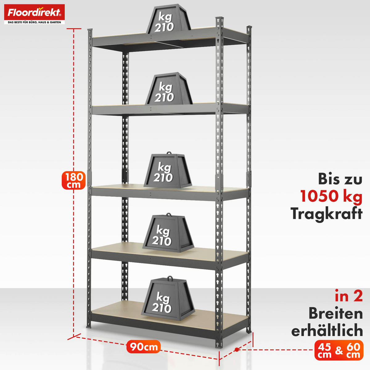 SCHWERLASTREGAL 90/180/45 cm  - Anthrazit, Basics, Naturmaterialien/Metall (90/180/45cm) - Floordirekt