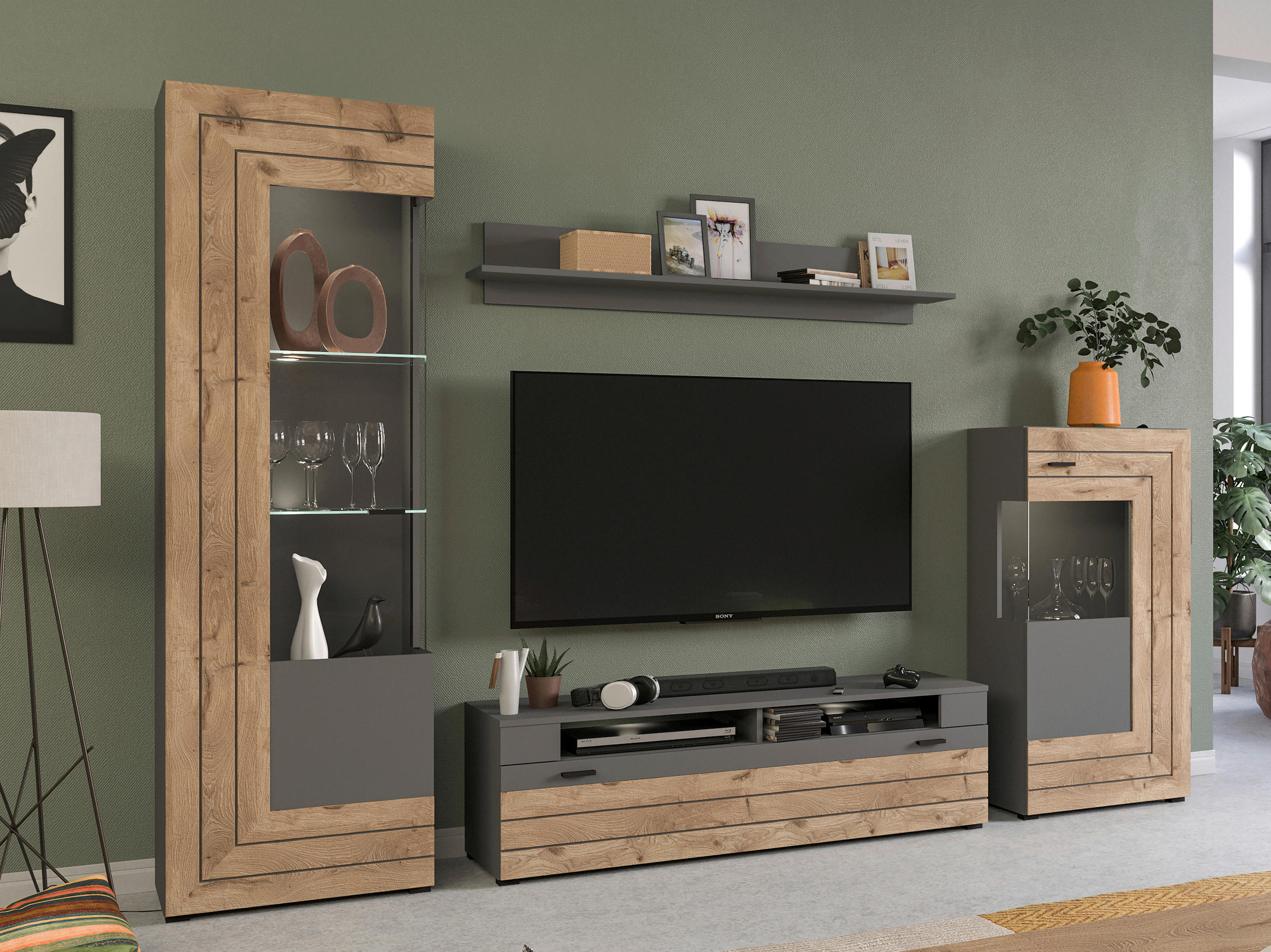 WOHNWAND 4-teilig  in  290/195/40 cm  - KONVENTIONELL, Glas/Holzwerkstoff (290/195/40cm) - MID.YOU