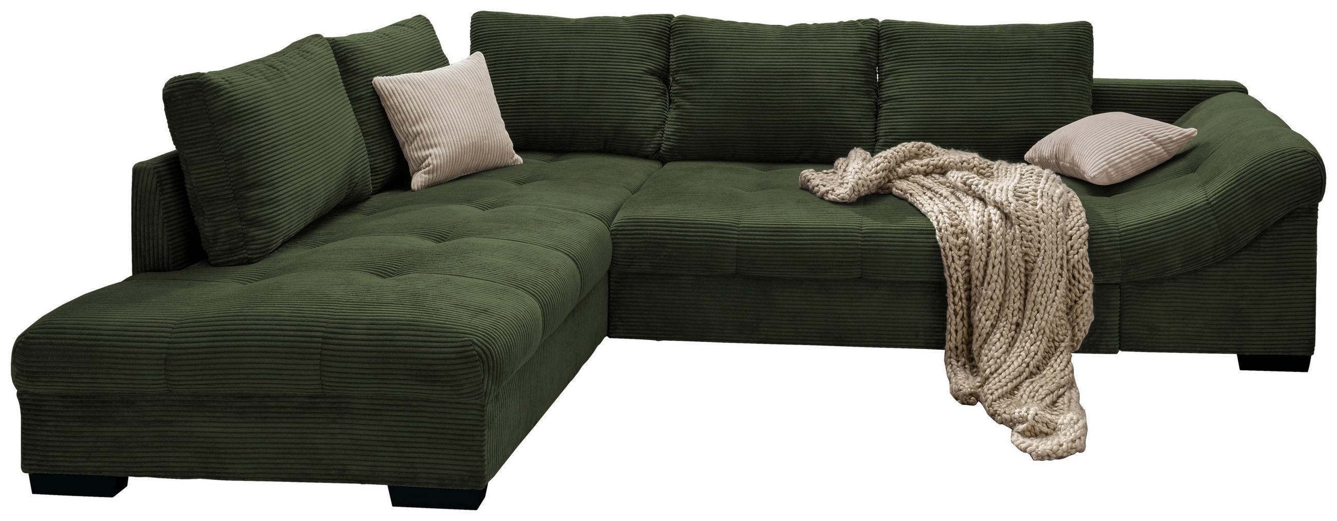 ECKSOFA Dunkelgrün Cord  - Dunkelgrün/Beige, Design, Holz/Textil (202/298cm) - MID.YOU