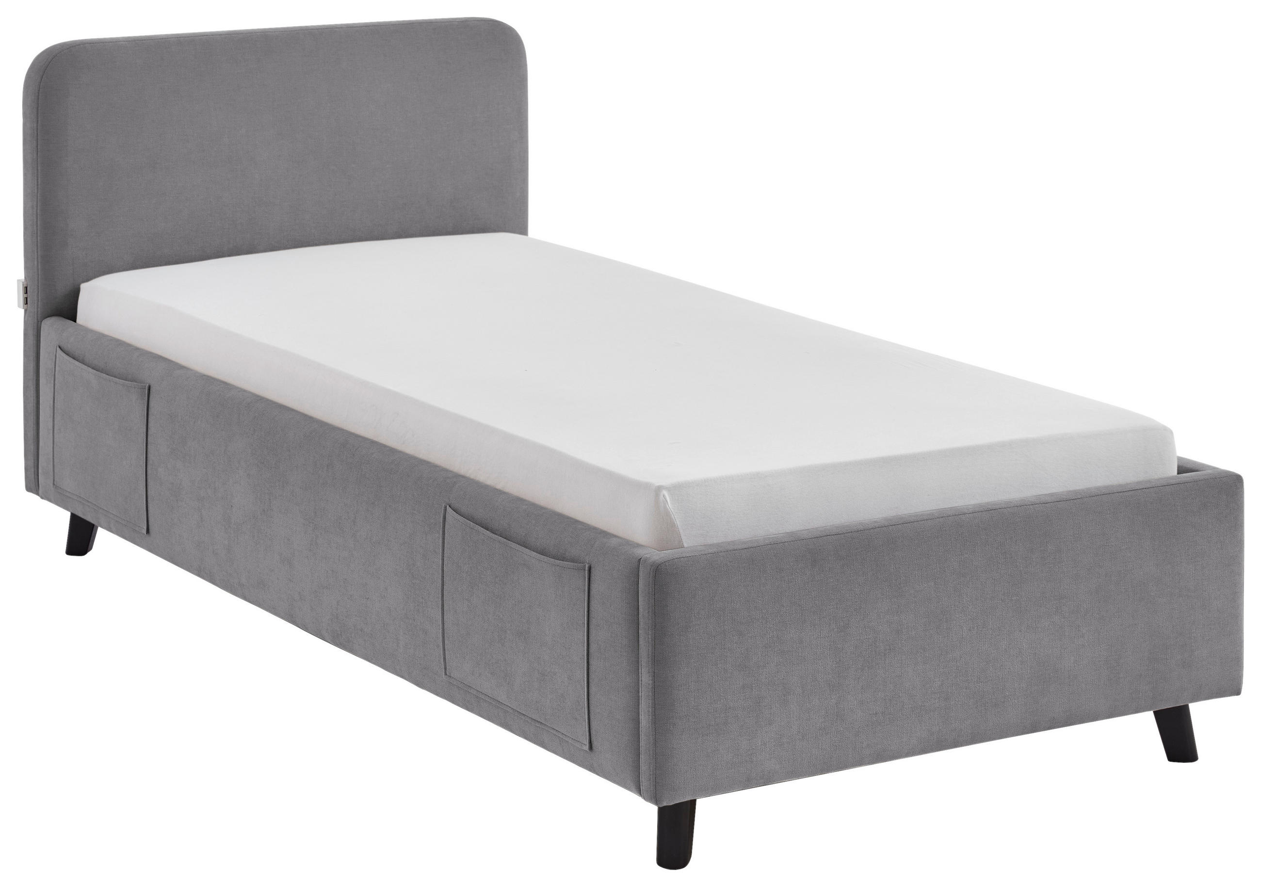 POLSTERBETT 90/200 cm,  in Grau, Schwarz, Lattenrost, Bettkasten, Betttasche,  - Birkefarben/Buchefarben, KONVENTIONELL, Holz/Textil (90/200cm) - Boxxx