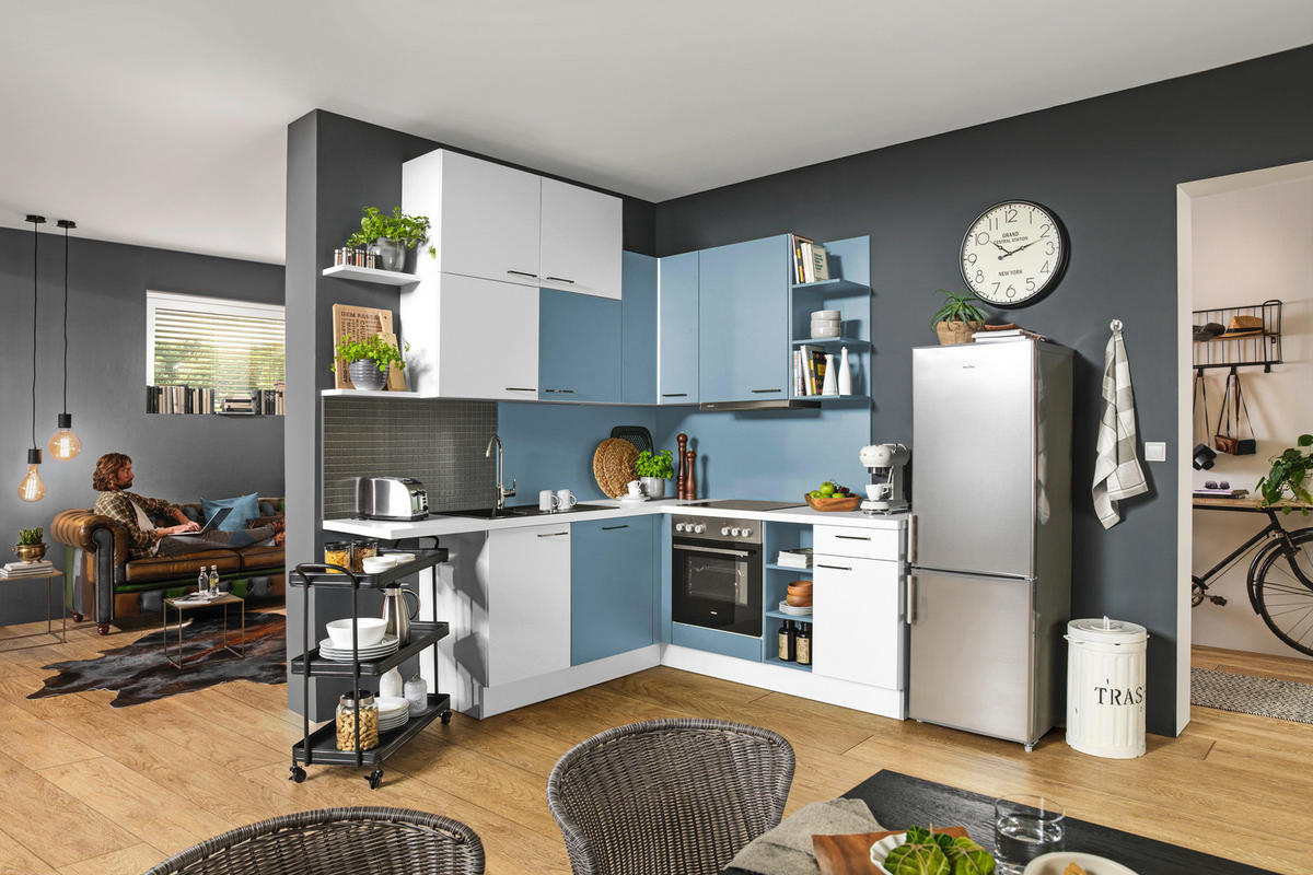 ECKKÜCHE 225/200 cm  in Weiß, Pastellblau  - Edelstahlfarben/Pastellblau, Design, Holzwerkstoff/Metall (225/200cm) - Pino
