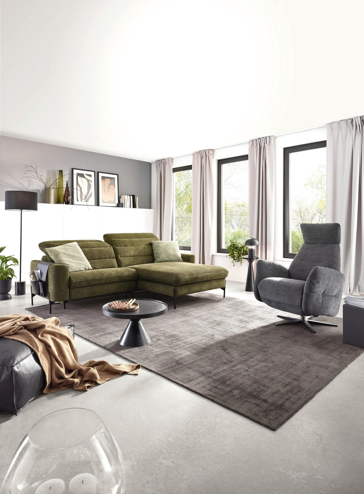 ECKSOFA in Flachgewebe Olivgrün  - Schwarz/Olivgrün, Design, Textil/Metall (252/191cm) - Dieter Knoll