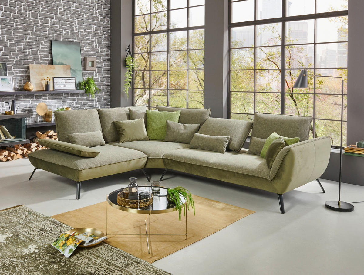 ECKSOFA in Flachgewebe Olivgrün  250/310 cm  - Schwarz/Olivgrün, Design, Textil/Metall (250/310cm) - Moderano