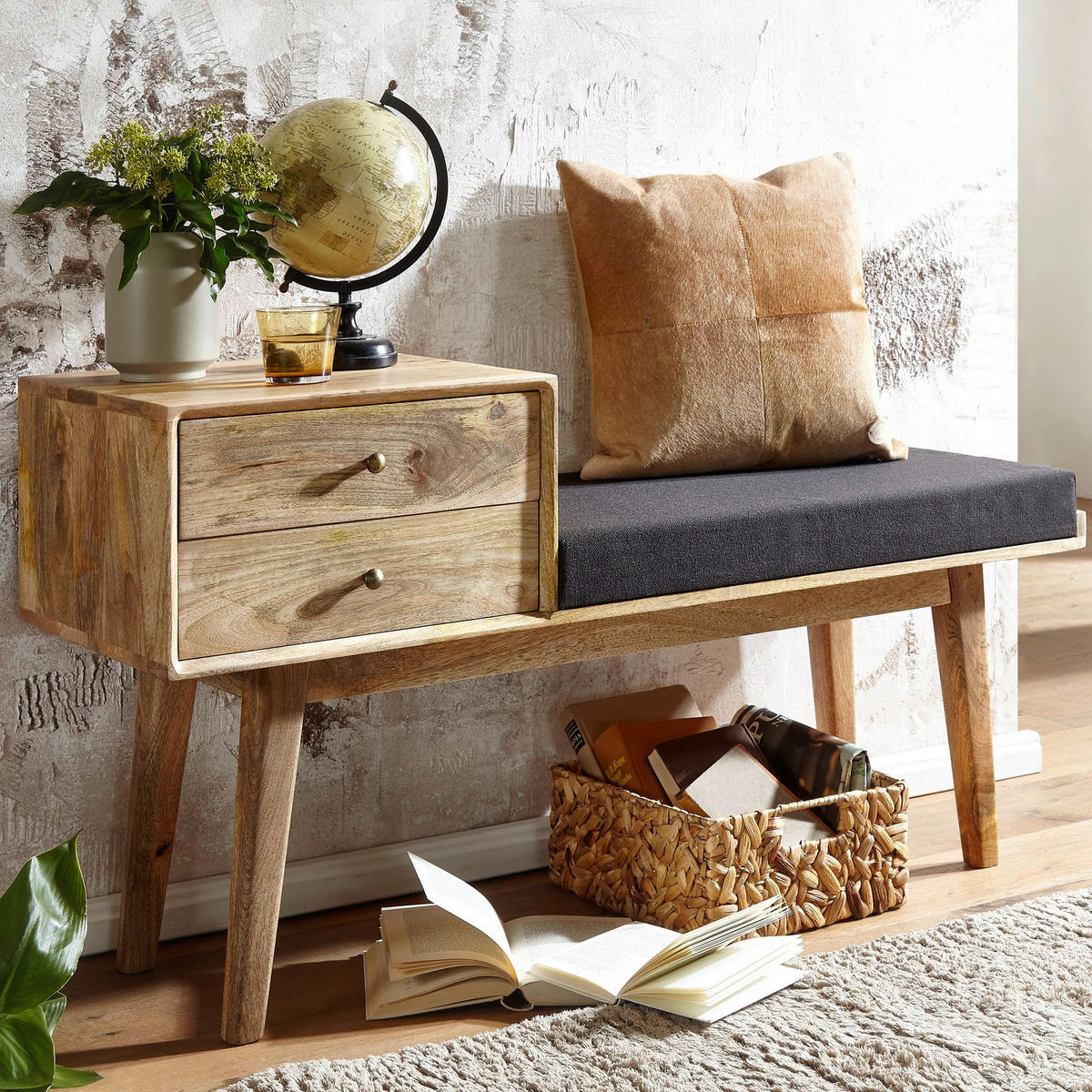HOCKERBANK in Holz, Textil Schwarz  - Schwarz/Braun, Modern, Holz/Textil (120/65/40cm) - MID.YOU