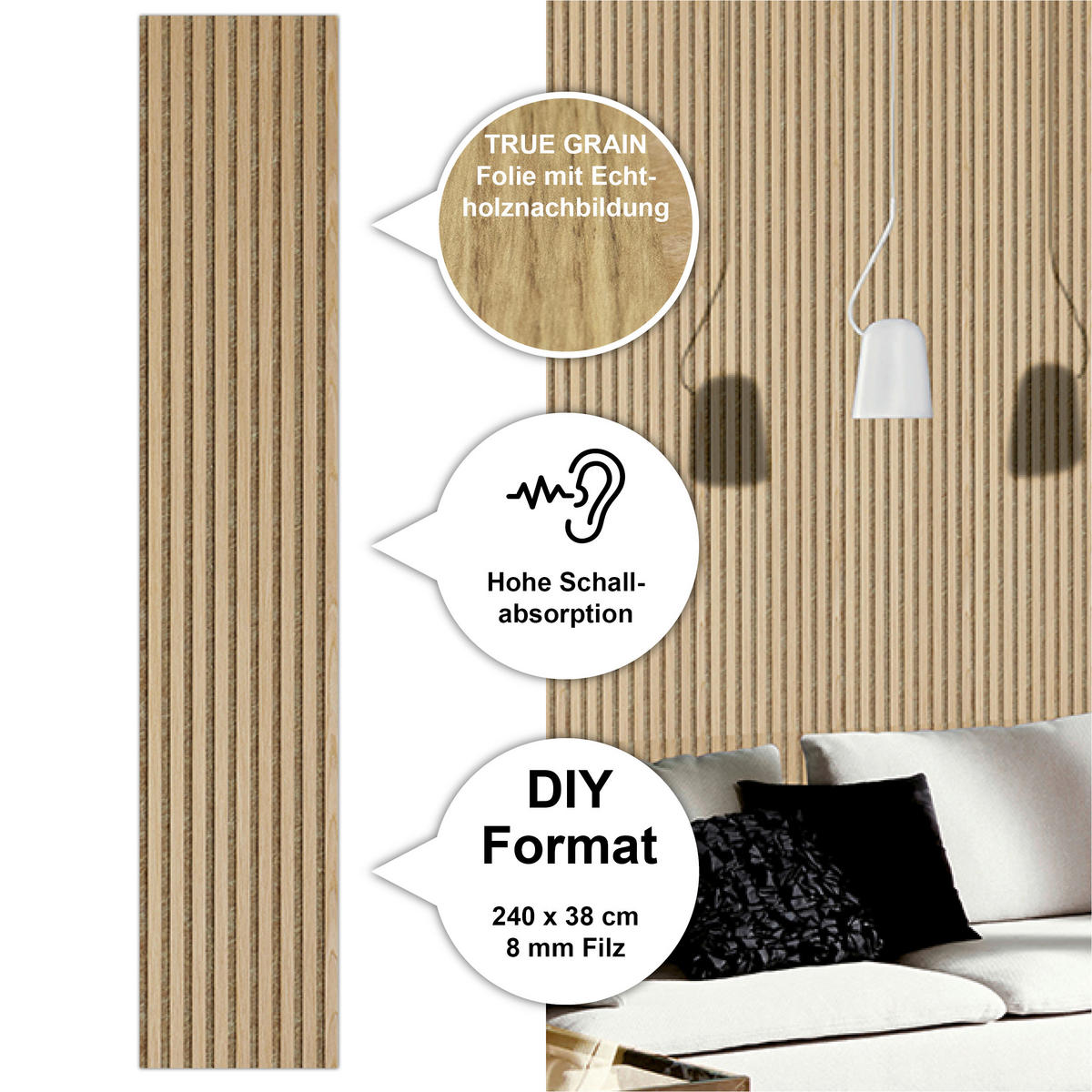AKUSTIKPANEEL Economico Eichefarben 240/38/1,65 cm  - Eichefarben, Basics, Holzwerkstoff/Kunststoff (240/38/1,65cm)