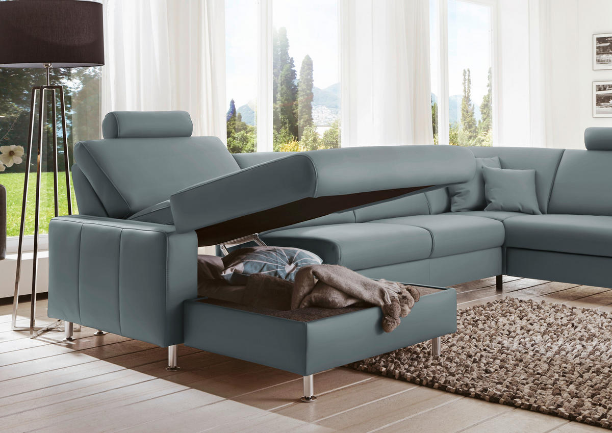 WOHNLANDSCHAFT in Echtleder Blaugrau  - Blaugrau/Alufarben, Design, Leder/Metall (165/339/233cm) - Beldomo Premium