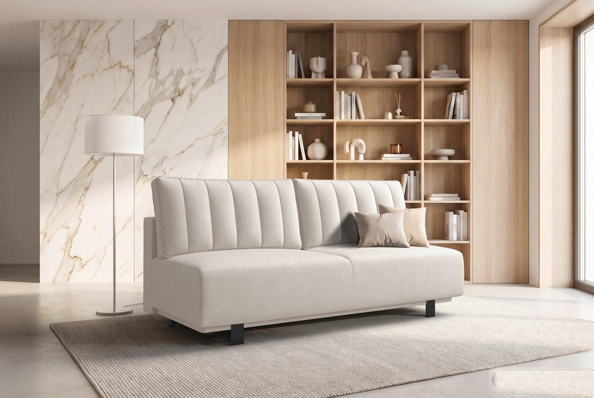 SCHLAFSOFA OLIVIO Velours Creme  inkl. Bettkasten, Schlaffunktion  - Creme/Schwarz, Basics, Holz/Textil (200/90/95cm) - Livetastic