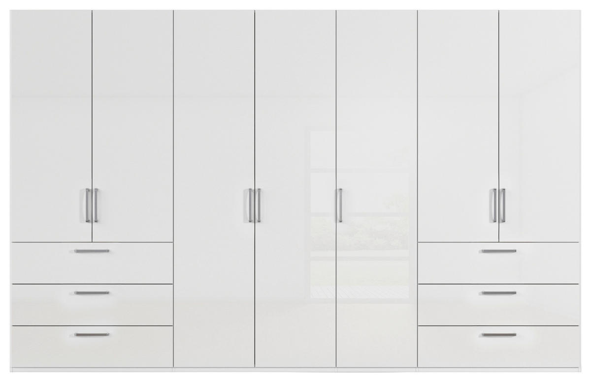 DREHTÜRENSCHRANK 350/235/61 cm,  in Weiß, Weiß Hochglanz, 7-türig  - Edelstahlfarben/Weiß Hochglanz, Basics, Holzwerkstoff/Metall (350/235/61cm) - Novel