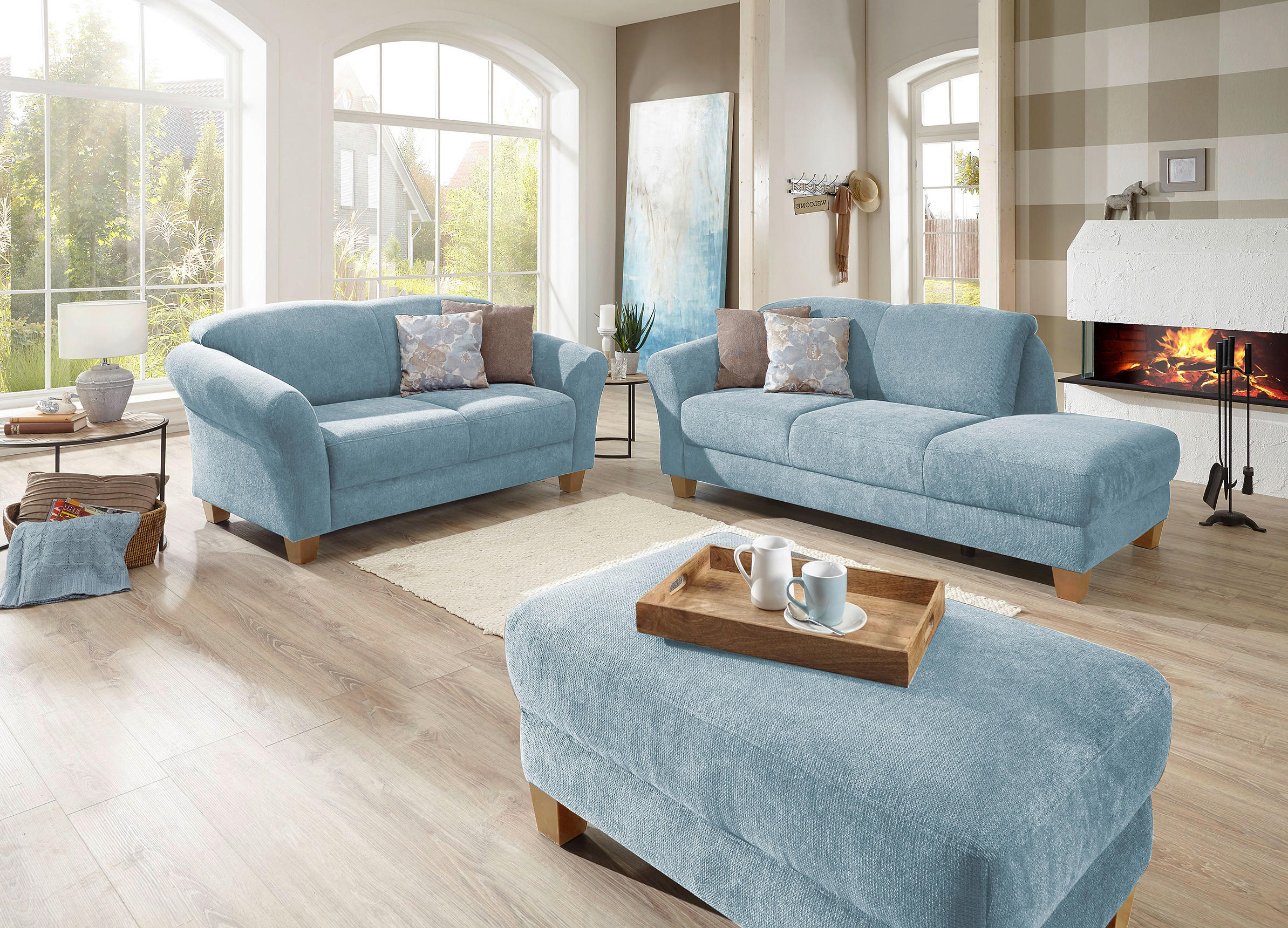 RÉCAMIERE Hellblau Flachgewebe  - Naturfarben/Hellblau, KONVENTIONELL, Holz/Textil (194/84/91cm) - Sit & More