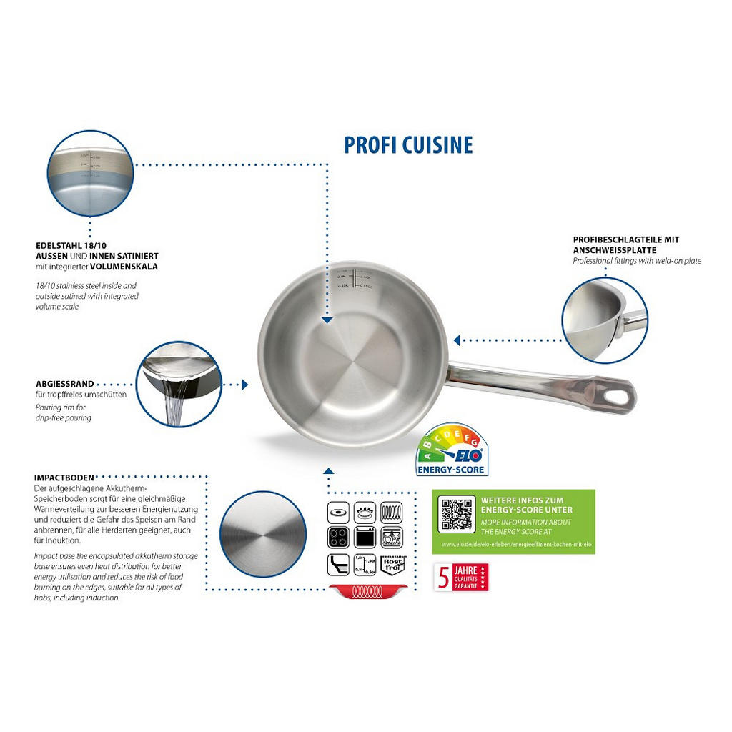 Thumbnail - ELO Stielkasserolle Profi Cuisine, Silber, Metall, 2,5 L, rund, Messskala, backofengeeignet, verkapselter Sandwichboden,...