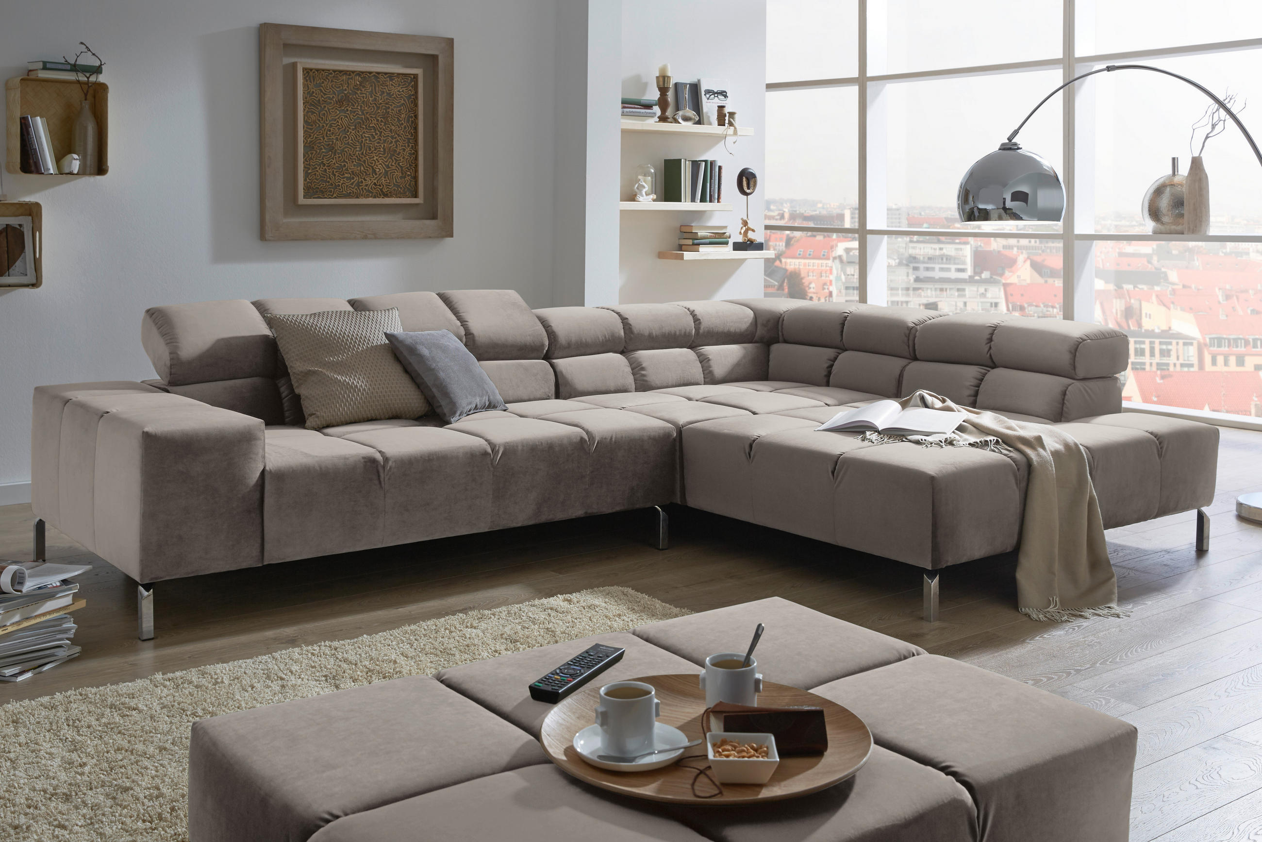 ECKSOFA Grau Velours - Grau, Design, Textil/Metall (321/216cm) - Hom`in