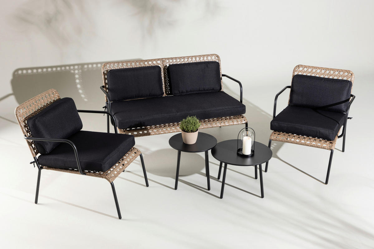LOUNGEGARNITUR   Rattan Stahl  - Dunkelgrau/Schwarz, KONVENTIONELL, Naturmaterialien/Holz - Gardenson