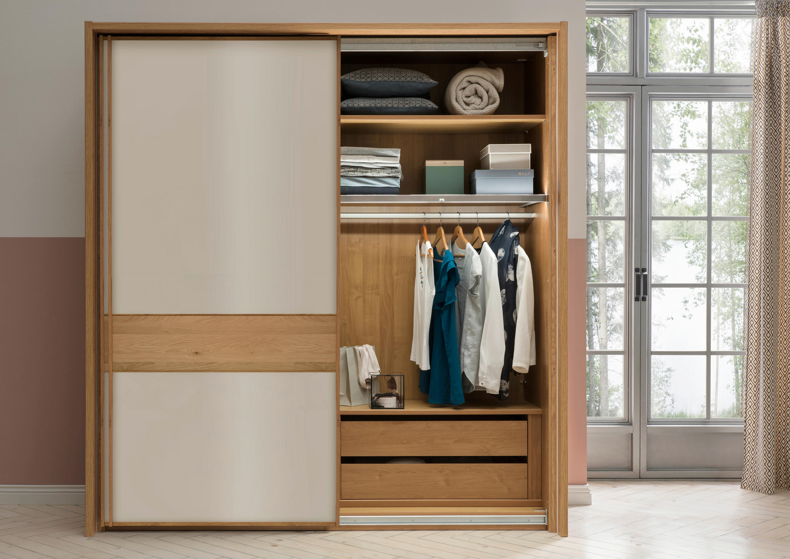 SCHWEBETÜRENSCHRANK  in Eichefarben, Champagner  - Champagner/Eichefarben, KONVENTIONELL, Glas/Holz (200/217/67cm) - Venda