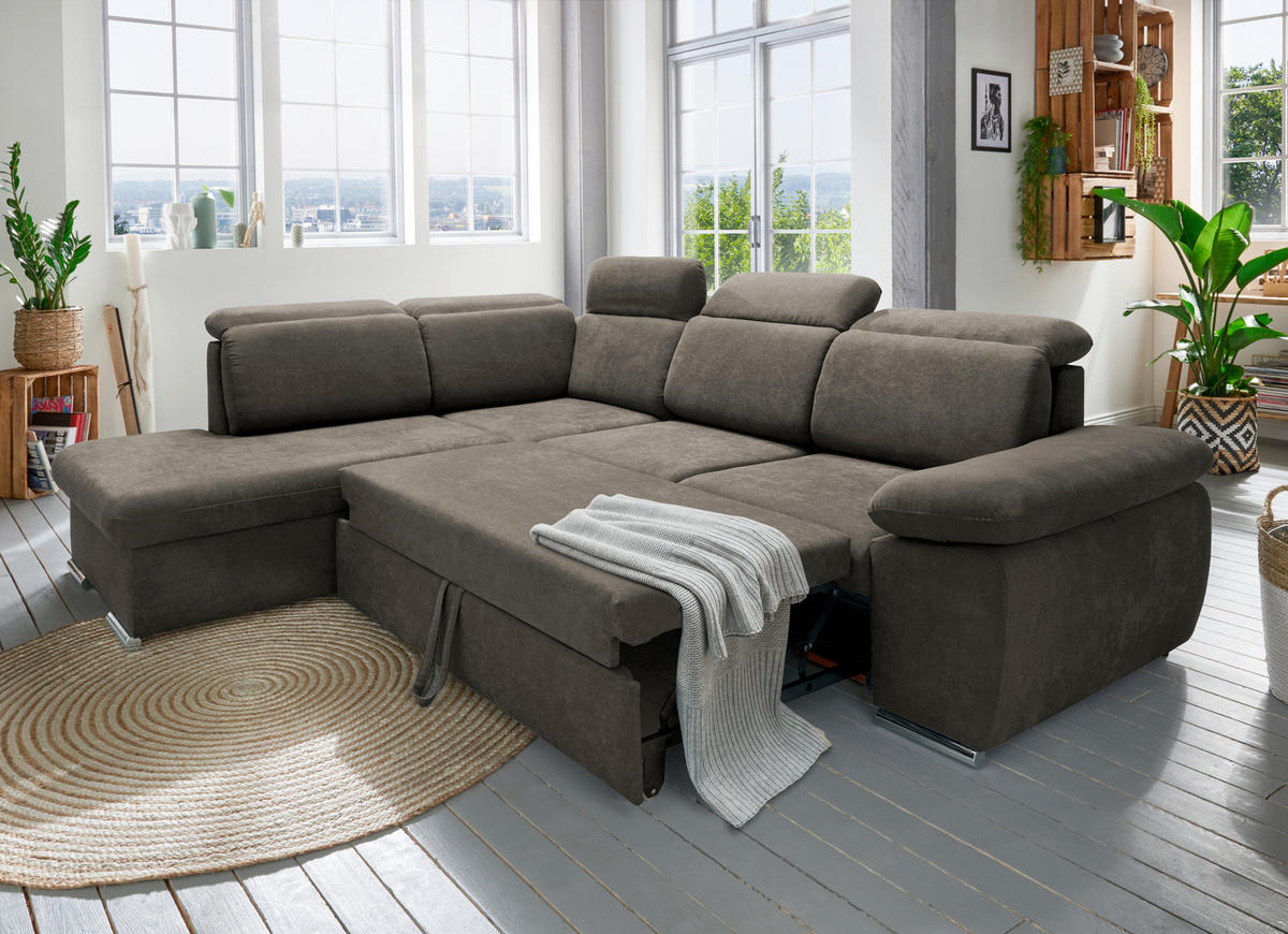 ECKSOFA in Mikrofaser Dunkelbraun  - Chromfarben/Dunkelbraun, Design, Textil/Metall (228/283cm) - Livetastic