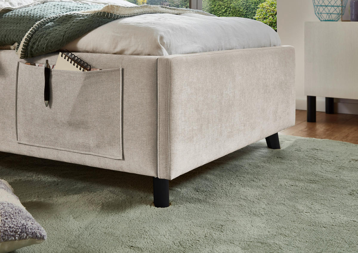 POLSTERBETT 90/200 cm,  in Schwarz, Beige, Lattenrost, Bettkasten, Betttasche,  - Birkefarben/Beige, KONVENTIONELL, Holz/Textil (90/200cm) - Boxxx
