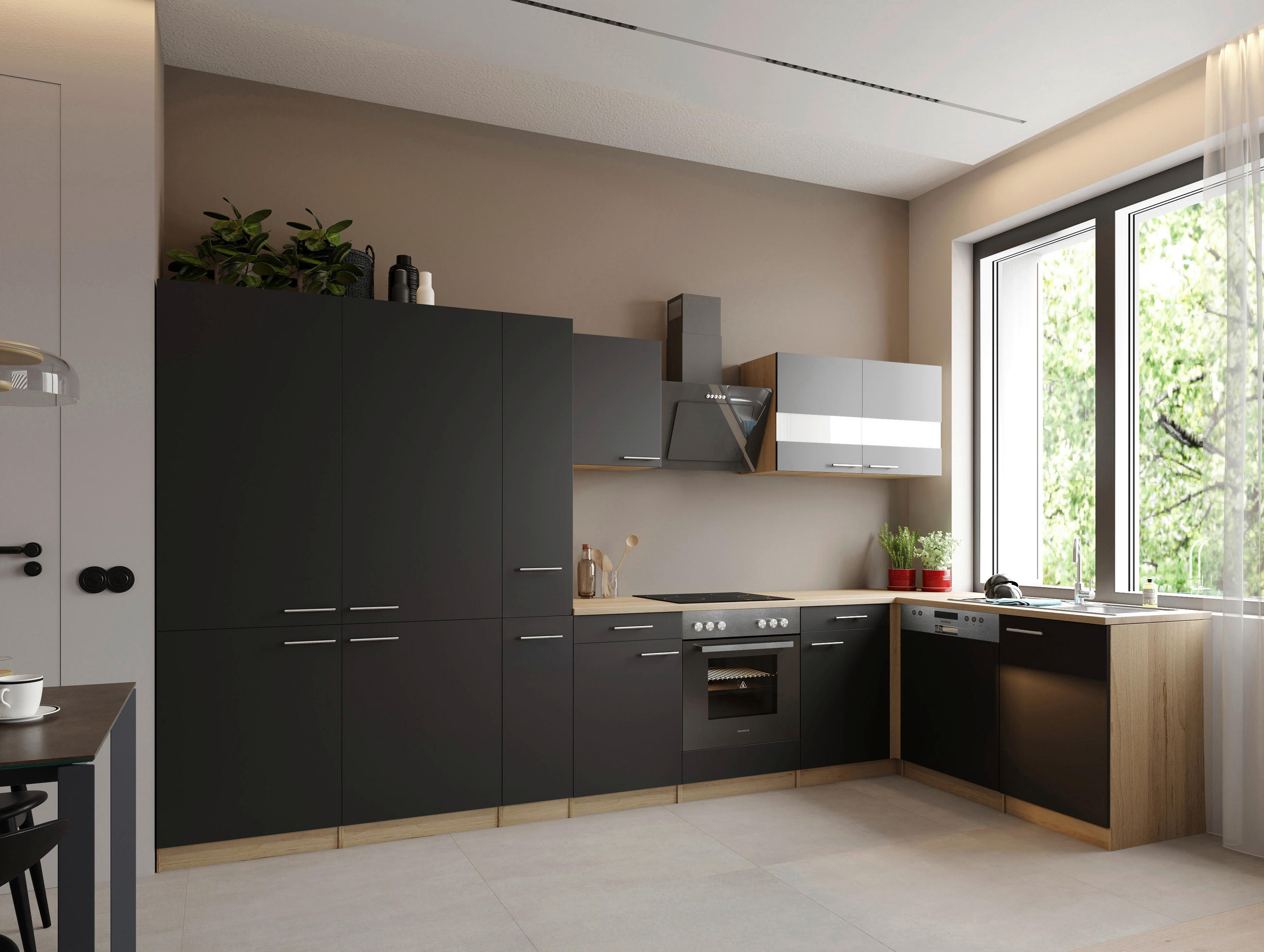 ECKKÜCHE Merle 370/172 cm  in Schwarz  - Edelstahlfarben/Eichefarben, Trend, Holzwerkstoff/Metall (370/172cm) - Respekta