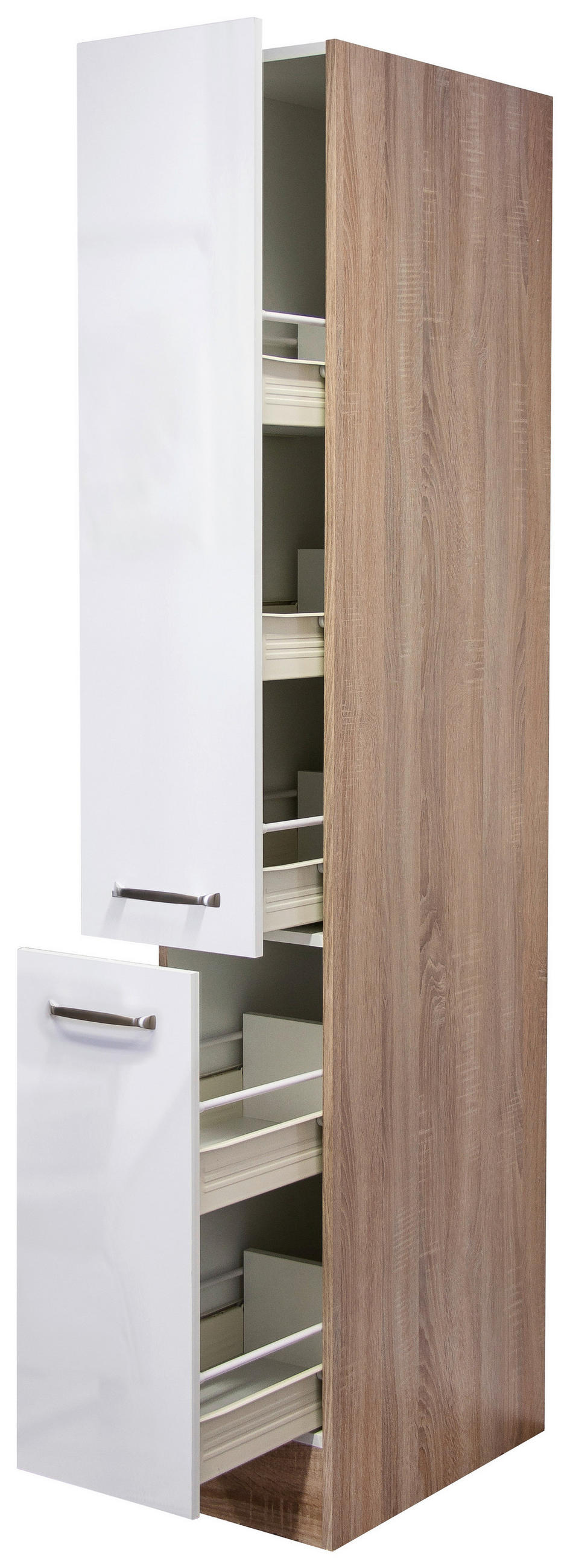 APOTHEKERSCHRANK 30/200/57 cm  in Sonoma Eiche, Weiß Hochglanz  - Edelstahlfarben/Weiß Hochglanz, MODERN, Holzwerkstoff/Metall (30/200/57cm) - FlexWell