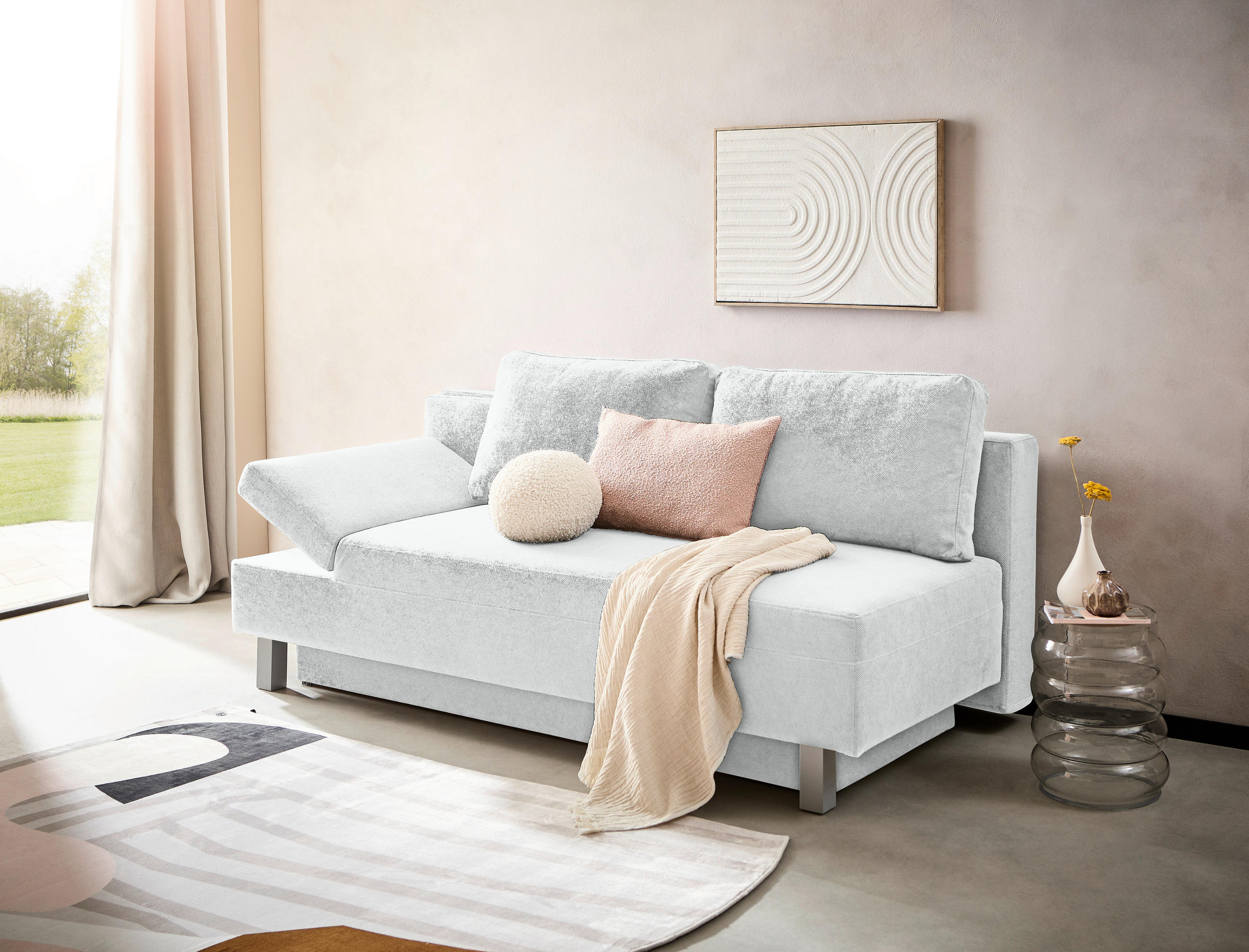 SCHLAFSOFA  mit Stoffauswahl, Schlafen auf Sitzhöhe, Armteil links Flachgewebe Creme  - Chromfarben/Creme, Design, Holz/Textil (205/77-93/99cm) - Novel