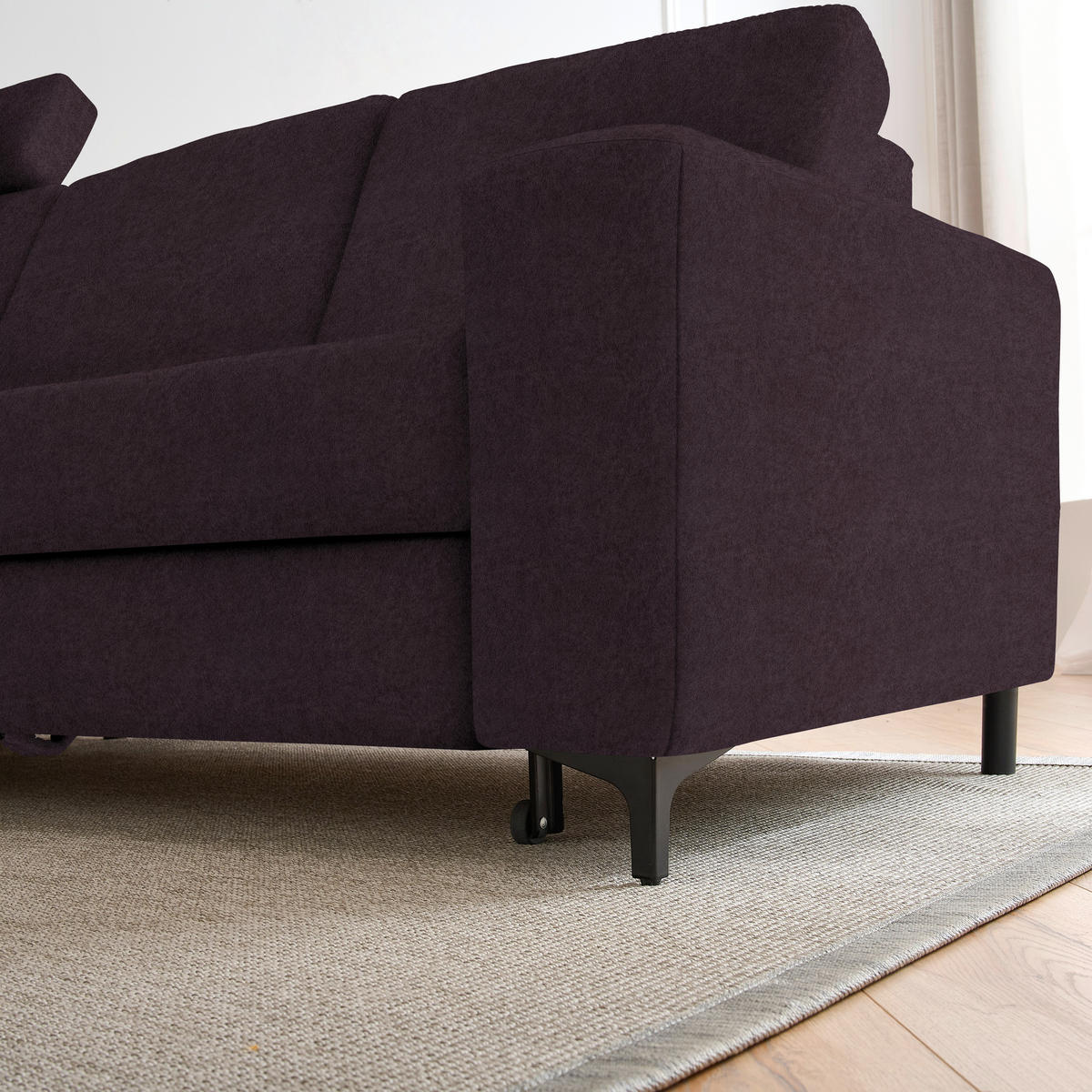 ECKSOFA in Velours Aubergine  - Aubergine/Schwarz, Konventionell, Textil/Metall (167/247cm) - Stylife