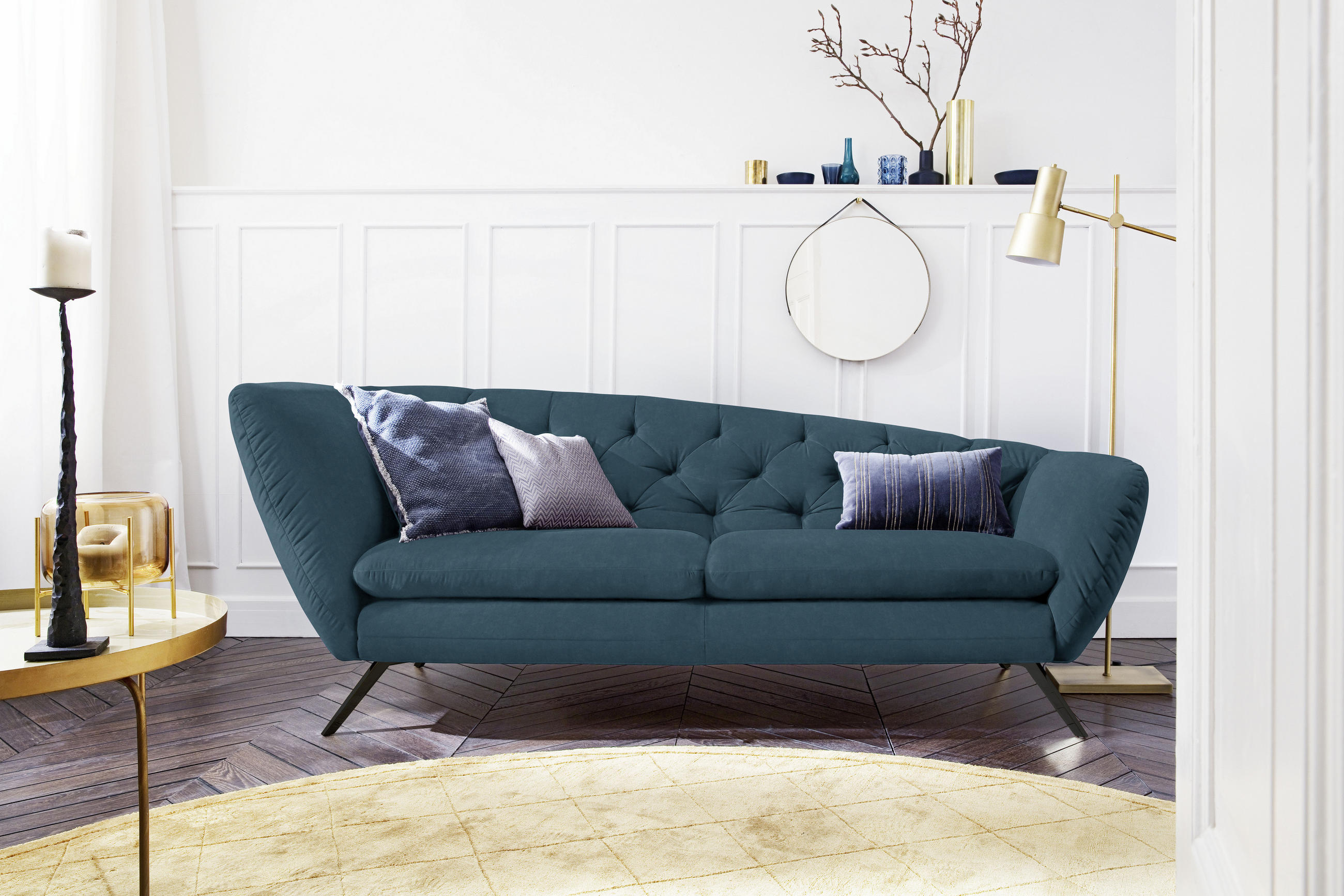 CHESTERFIELD-SOFA in Mikrofaser Petrol  - Petrol/Schwarz, Design, Textil/Metall (223/84/90cm) - Pure Home Lifestyle