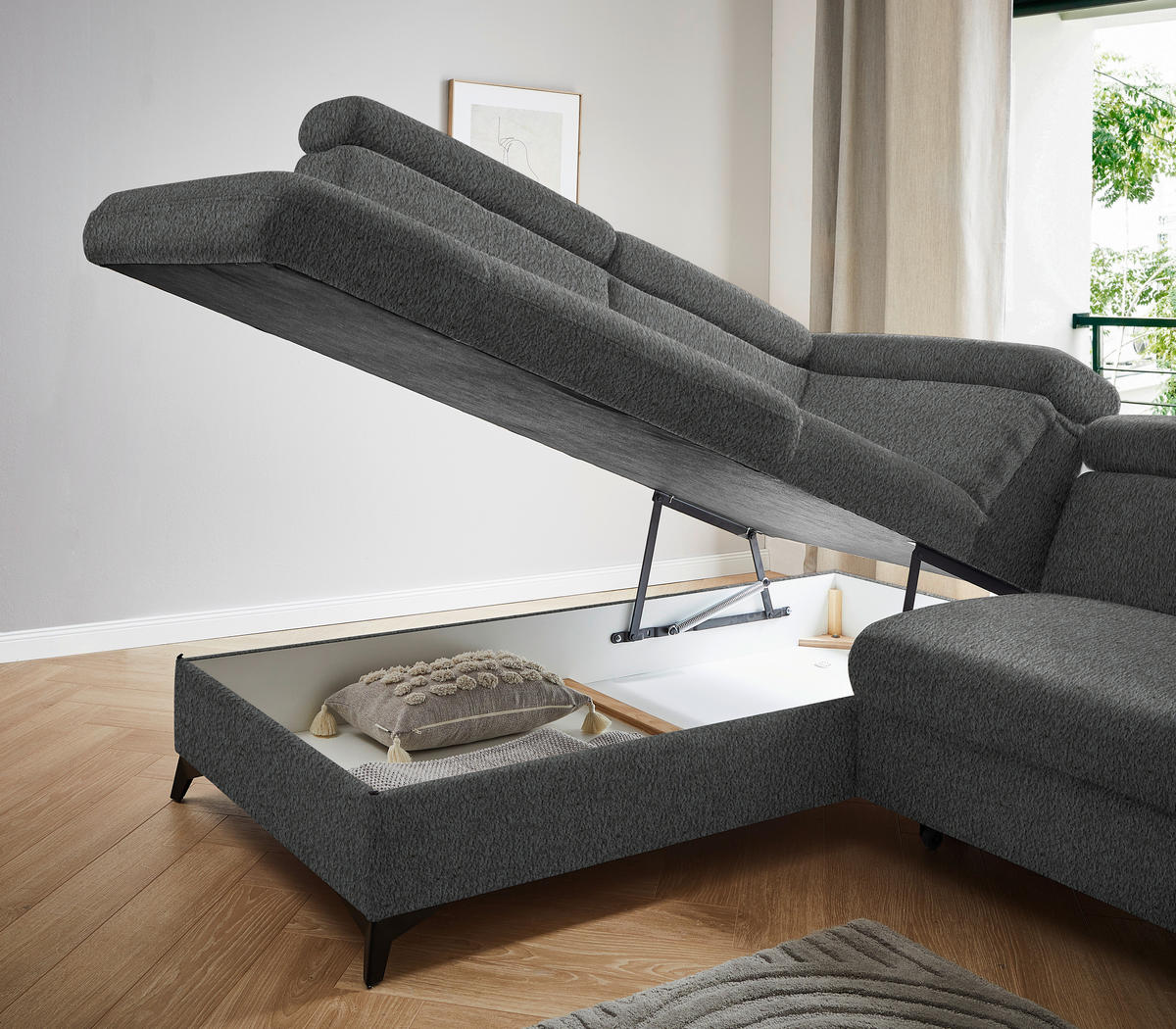 ECKSOFA in Teddystoff Grau  - Schwarz/Grau, Design, Textil/Metall (203/260cm) - Stylife