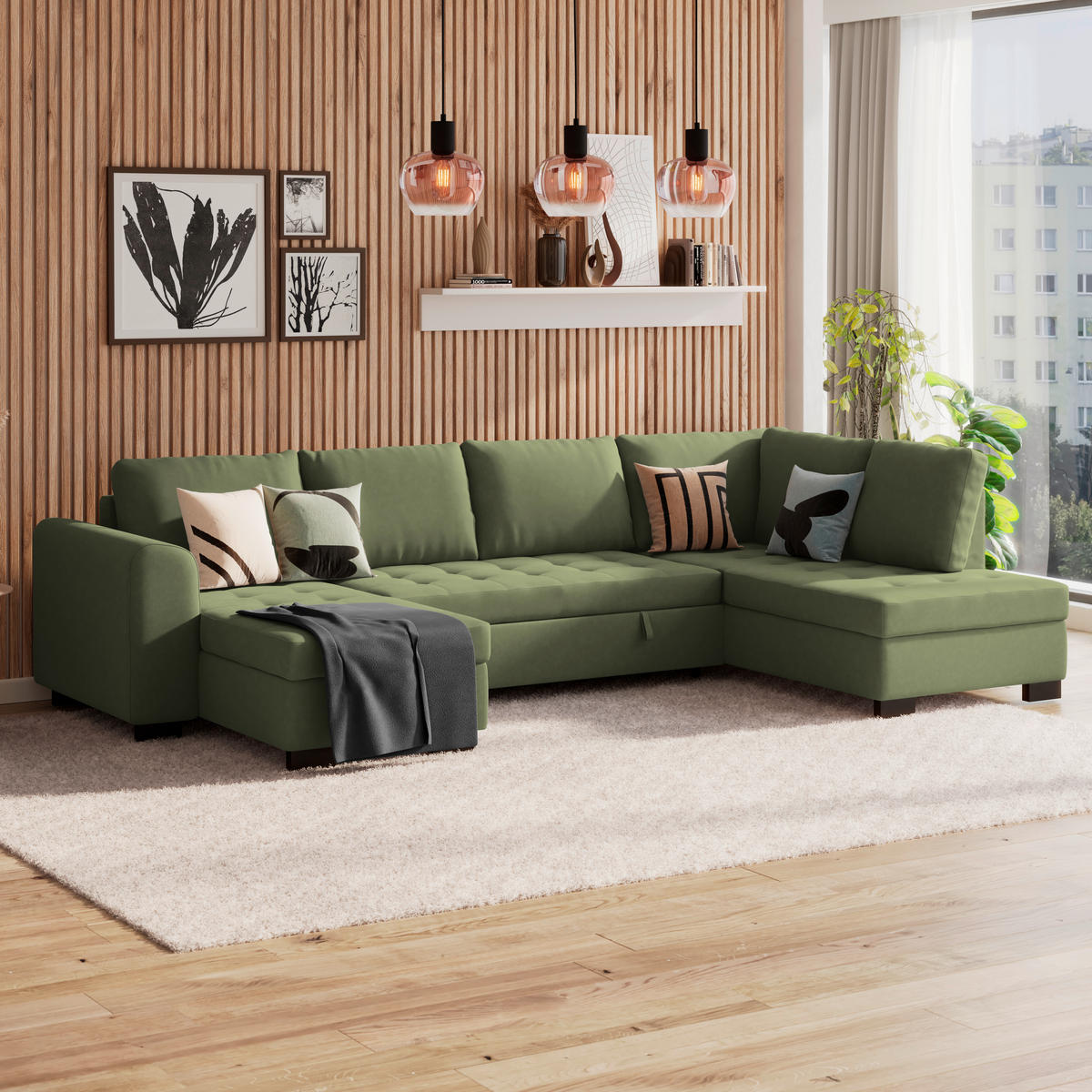 WOHNLANDSCHAFT Grün Mikrofaser  - Schwarz/Grau, MODERN, Kunststoff/Textil (155/305/178cm) - P & B
