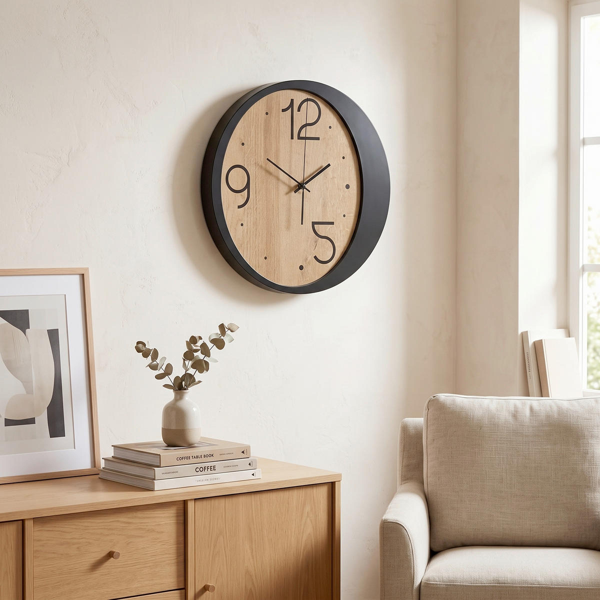 WANDUHR Schwarz, Eichefarben  - Eichefarben/Schwarz, Basics, Holz/Kunststoff (36cm)