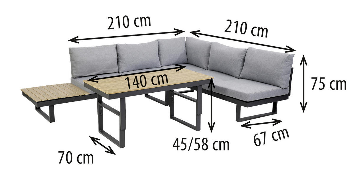 LOUNGEGARNITUR Akazie Hartholz Aluminium  - Anthrazit/Braun, MODERN, Holz/Textil (210/75/210cm) - Gardenson