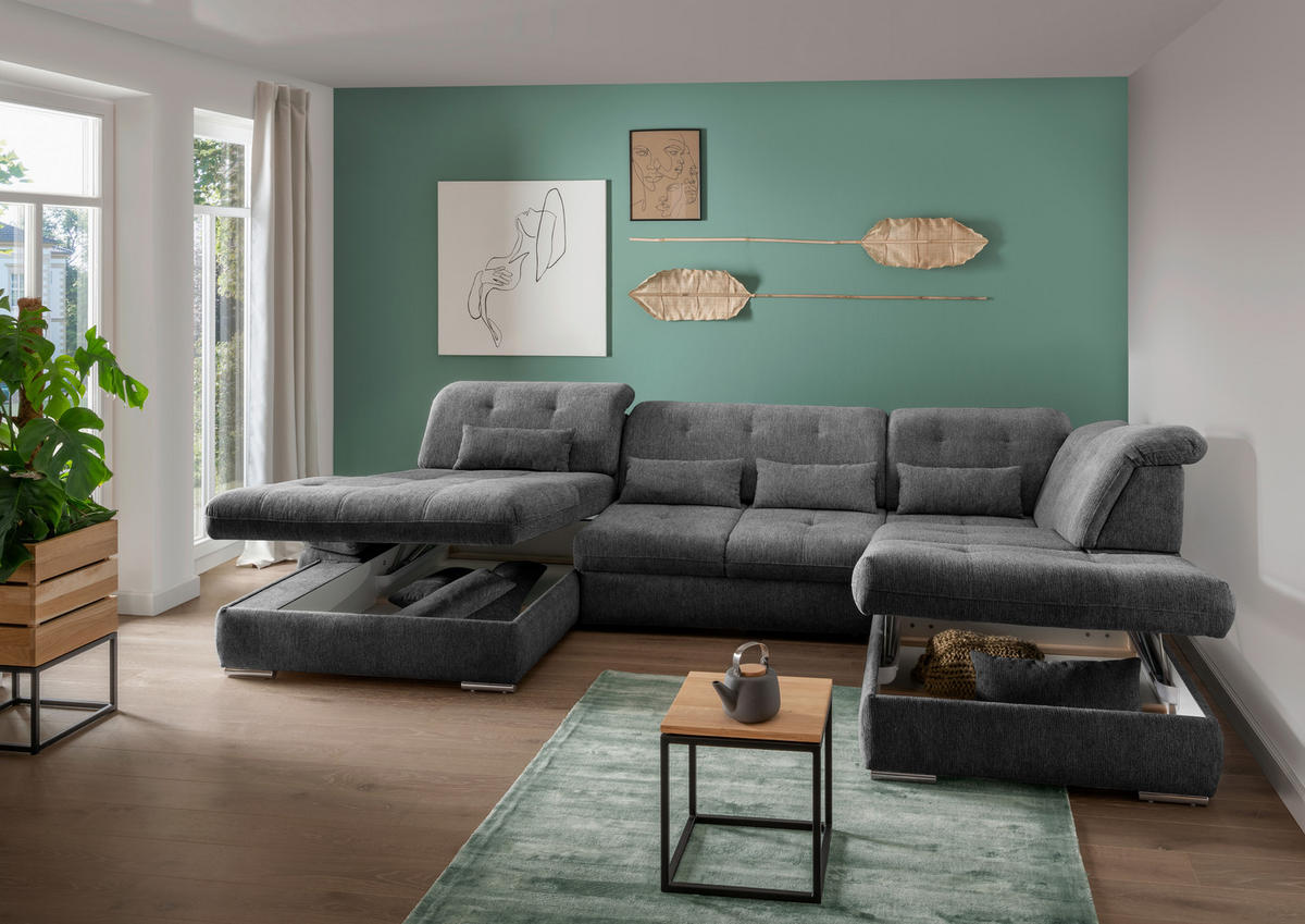 WOHNLANDSCHAFT in Chenille Anthrazit  - Chromfarben/Anthrazit, Design, Textil/Metall (195/376/254cm) - Livetastic