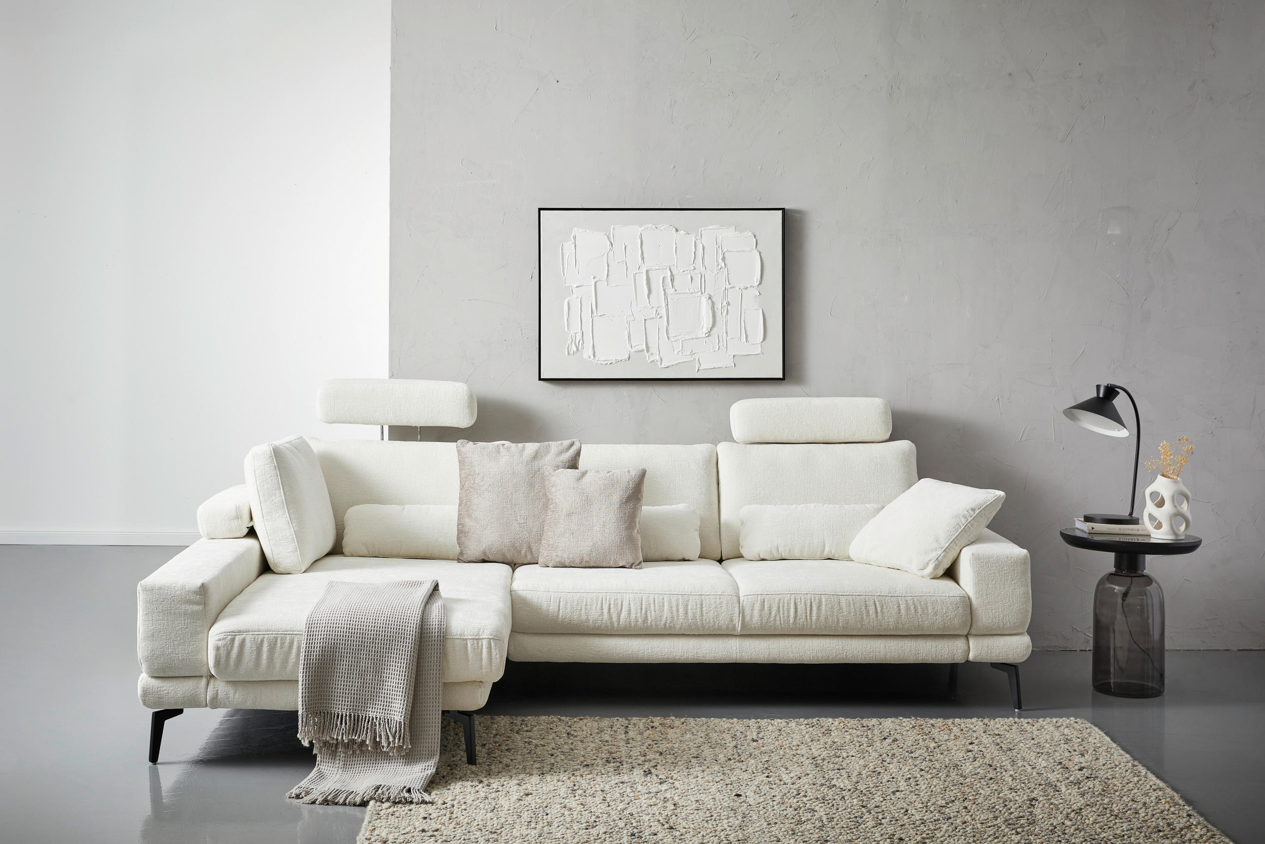 ECKSOFA Naturfarben Chenille  - Schwarz/Naturfarben, KONVENTIONELL, Textil/Metall (184/294cm) - SetOne by Musterring
