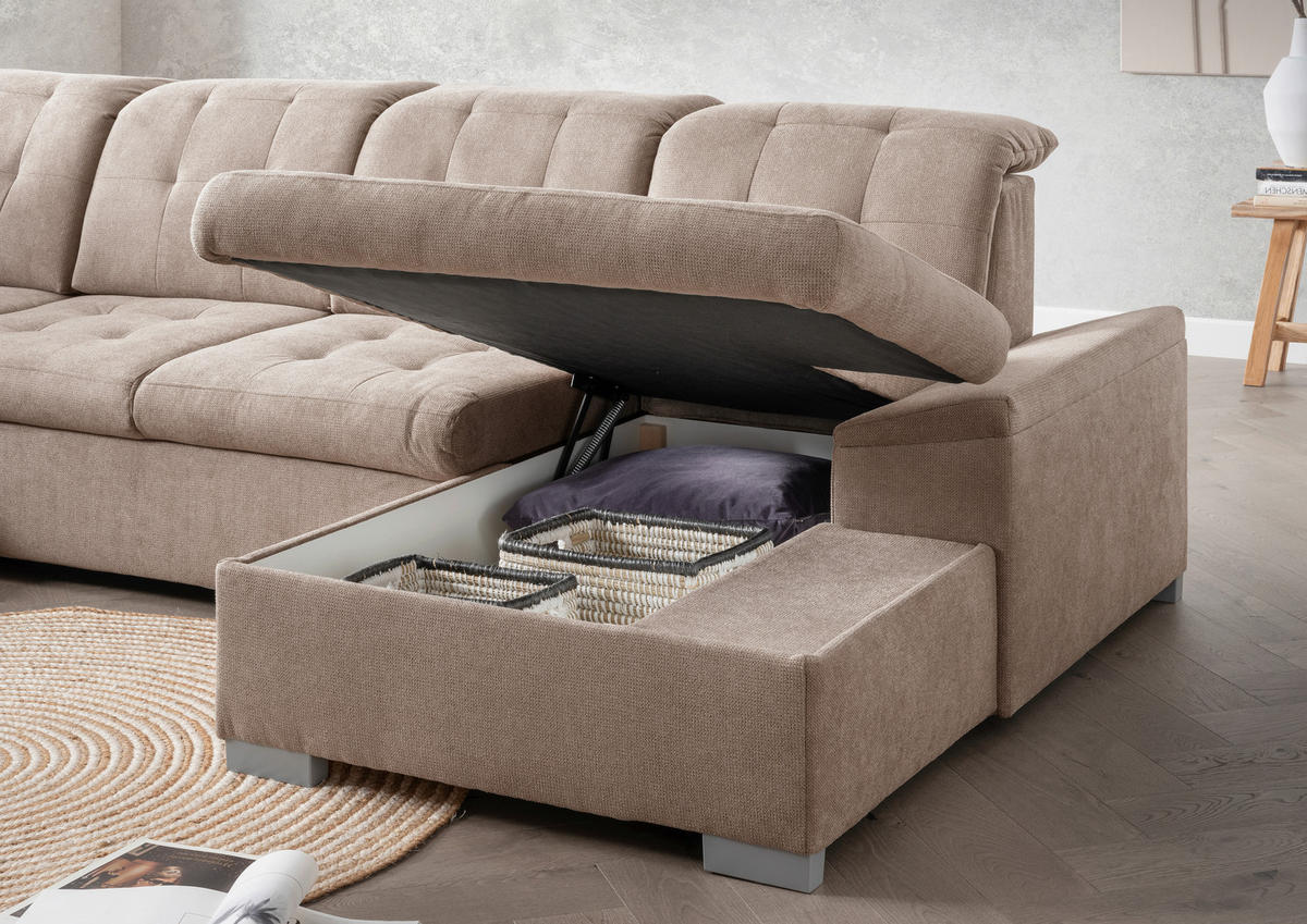 WOHNLANDSCHAFT in Chenille Hellbraun  - Chromfarben/Hellbraun, MODERN, Kunststoff/Textil (212/330/169cm) - Livetastic