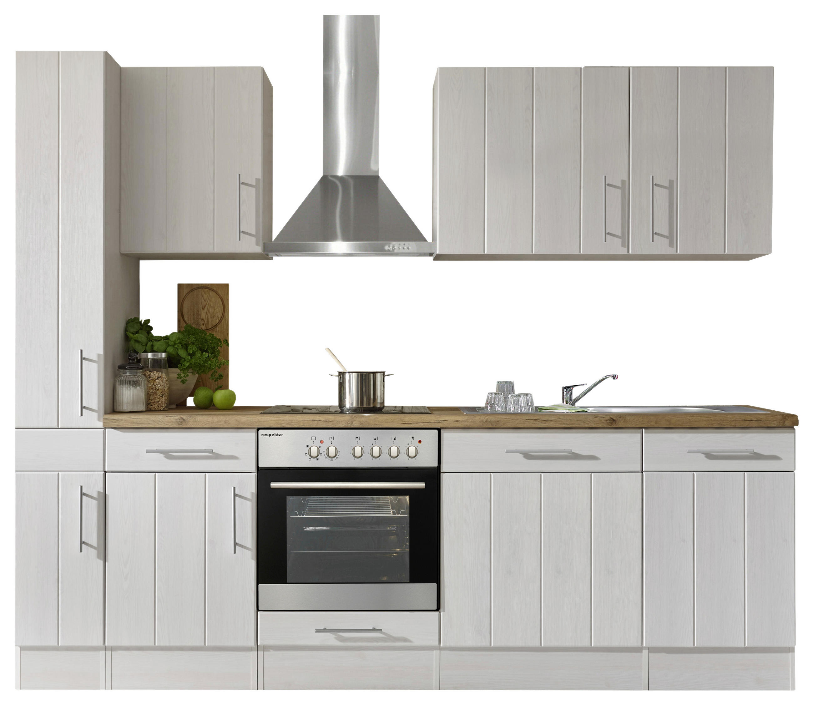 KÜCHENBLOCK Weiß, Lärchefarben E-Geräte, Spüle, Soft-Close-System, Ab- und Überlaufgarnitur - Wildeiche/Edelstahlfarben, ROMANTIK / LANDHAUS, Metall (250/211/60cm) - Respekta