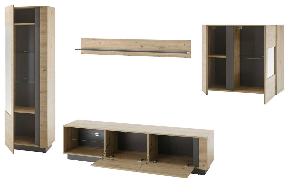 WOHNWAND 4-teilig  in Grau, Eiche Artisan  315/194/40 cm  - Eiche Artisan/Grau, Design, Glas/Holzwerkstoff (315/194/40cm) - MID.YOU