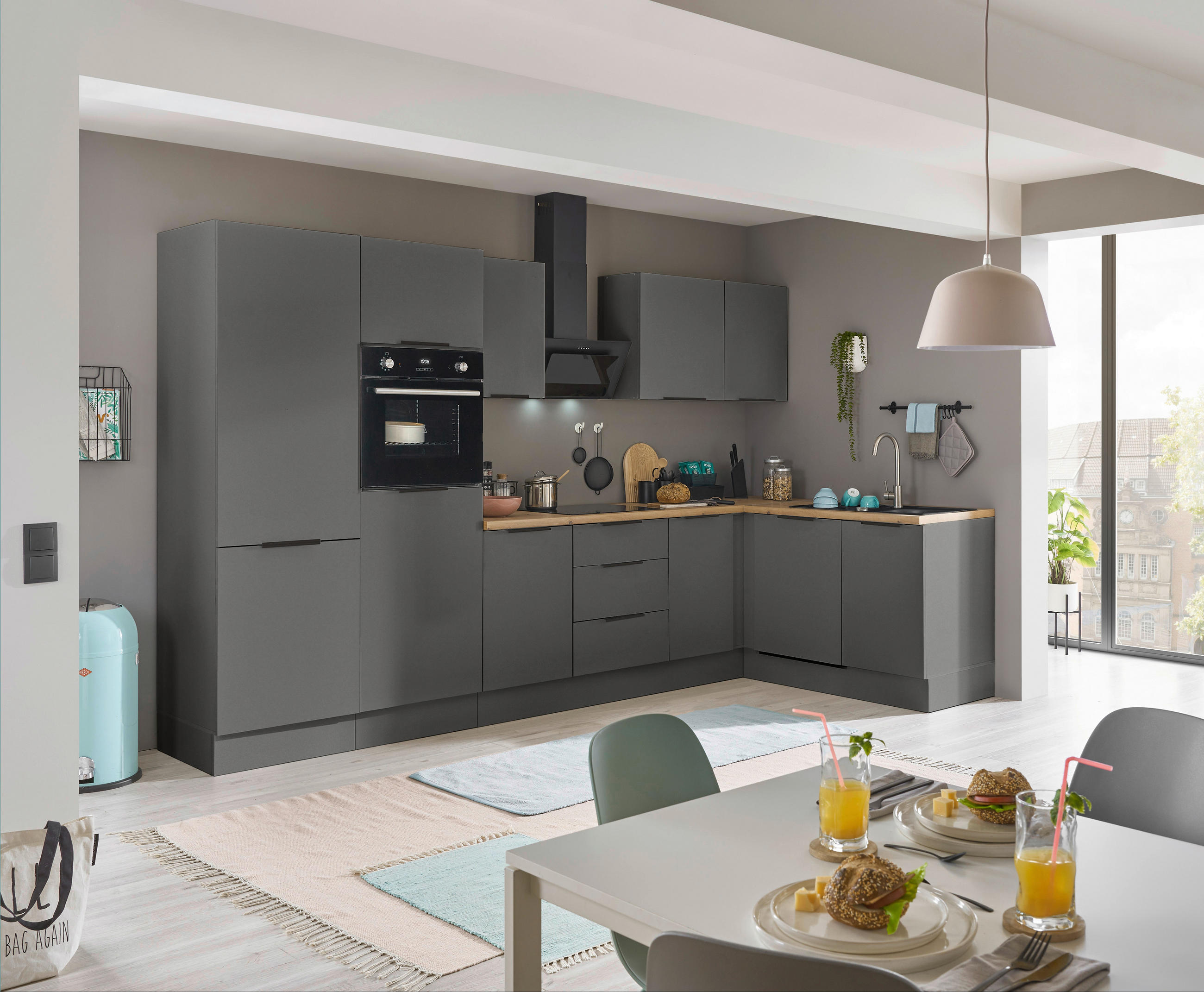 ECKKÜCHE 340/175 cm  in Graphitfarben  - Schwarz/Graphitfarben, Basics, Holzwerkstoff/Metall (340/175cm) - Carryhome