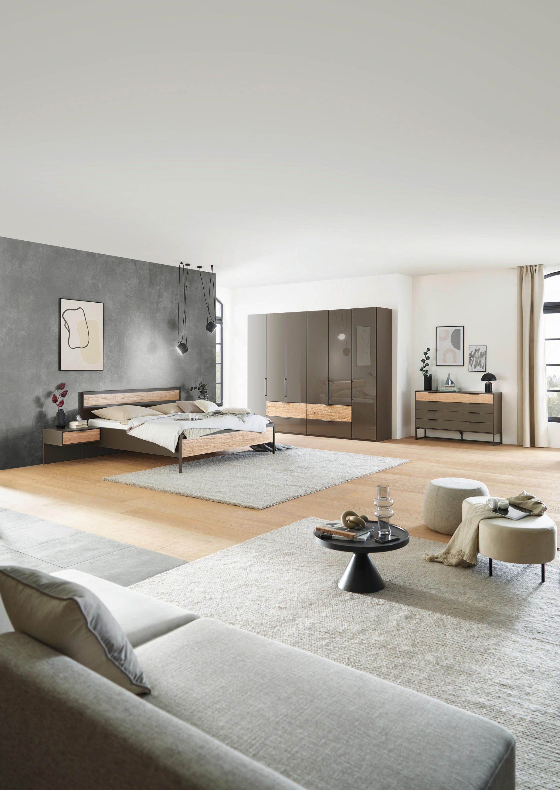 Thumbnail - Dieter Knoll Kleiderschrank, Anthrazit, Eiche, Holzwerkstoff, 8 Fächer, 4 Schublade(n) Schubladen, 300x216x58 cm, Beimöb...