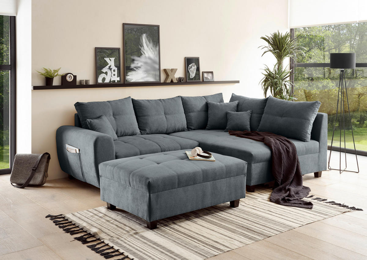ECKSOFA inkl. Hocker Anthrazit Mikrovelours  - Anthrazit/Schwarz, Basics, Kunststoff/Textil (248/176cm) - MID.YOU