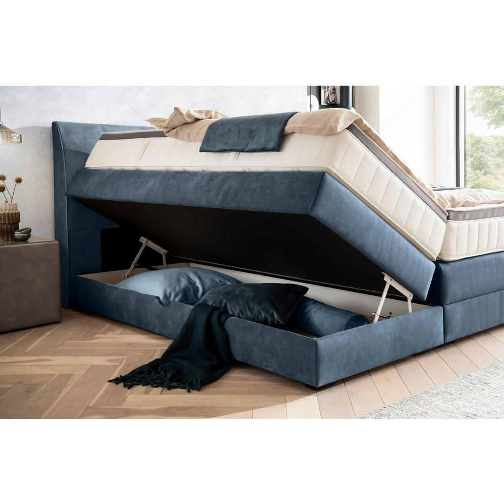 Thumbnail - Novel Boxspringbett, Blau, Textil, Wenge, H3, 7-Zonen, Höhe ca. 27 cm, 200x200 cm, Bettkasten, Federkernmatratze, Schlaf...