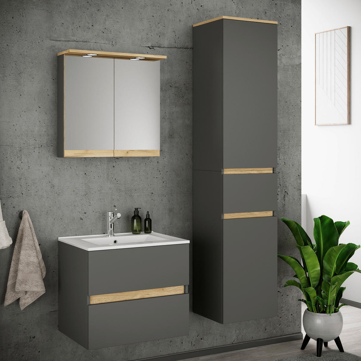 BADEZIMMER 4-teilig 101 cm  - Honigeiche/Weiss, Trend, Keramik/Holzwerkstoff (101cm) - MID.YOU