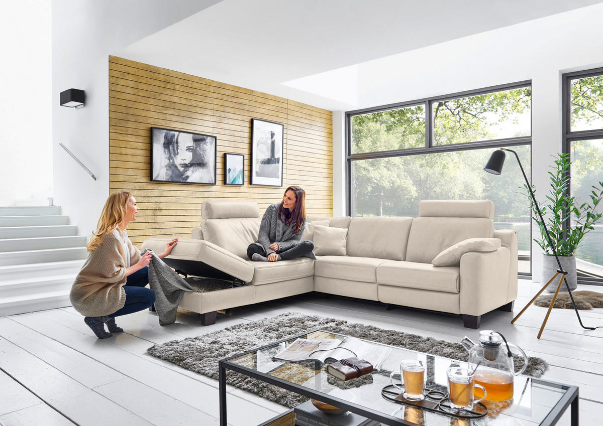 ECKSOFA in Echtleder Greige  - Greige/Eichefarben, Design, Leder/Holz (235/259cm) - Valdera