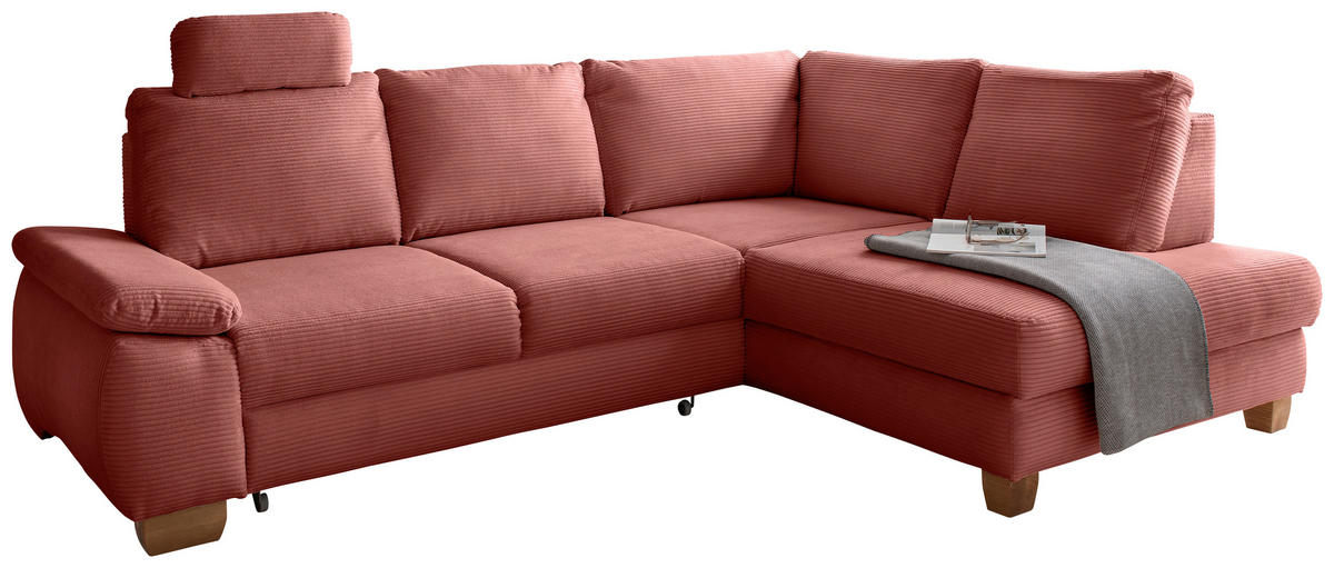 ECKSCHLAFSOFA in Cord Koralle  - Wildeiche/Koralle, Modern, Holz/Textil (261/206cm) - Livetastic
