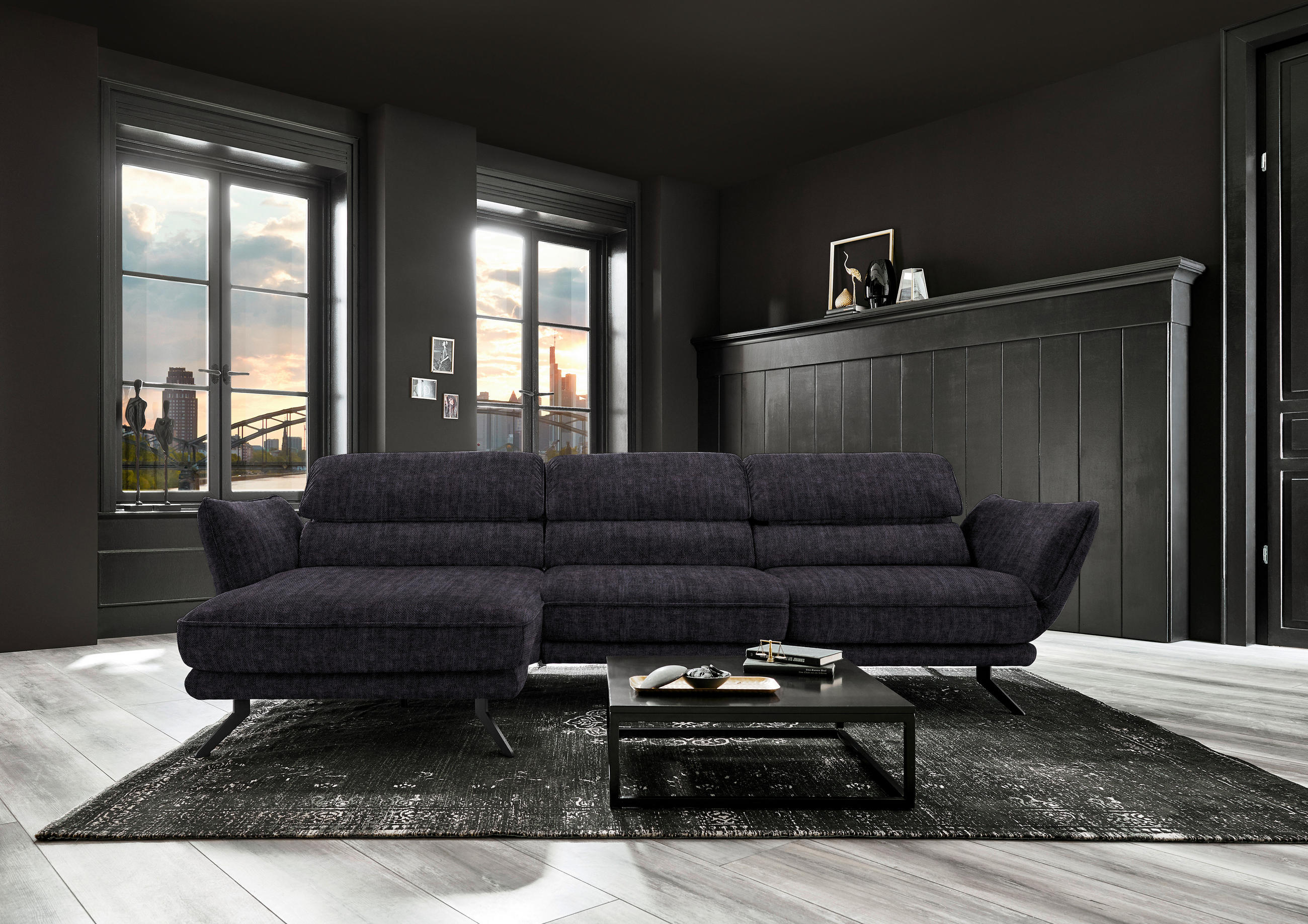 ECKSOFA in Velours Anthrazit  - Anthrazit/Schwarz, Design, Textil/Metall (153/283cm) - Valdera