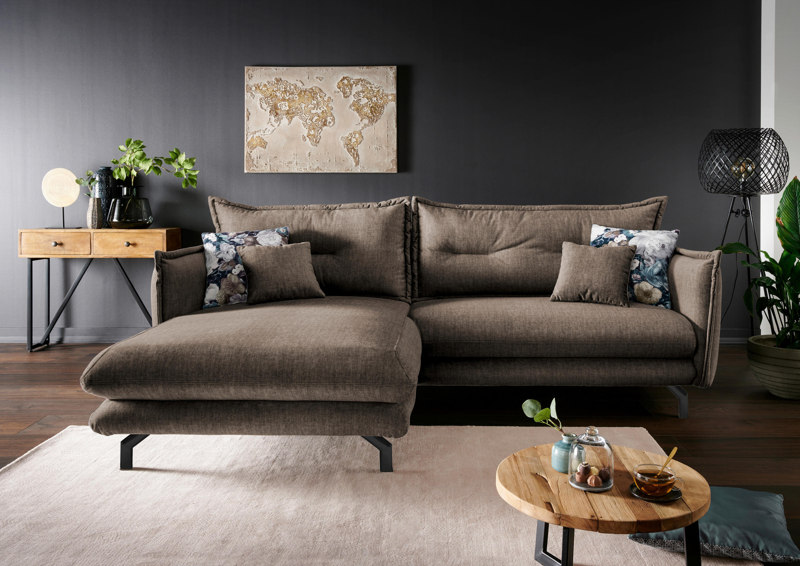 ECKSOFA in Velours Braun  - Türkis/Schwarz, Modern, Textil/Metall (180/255cm) - Livetastic
