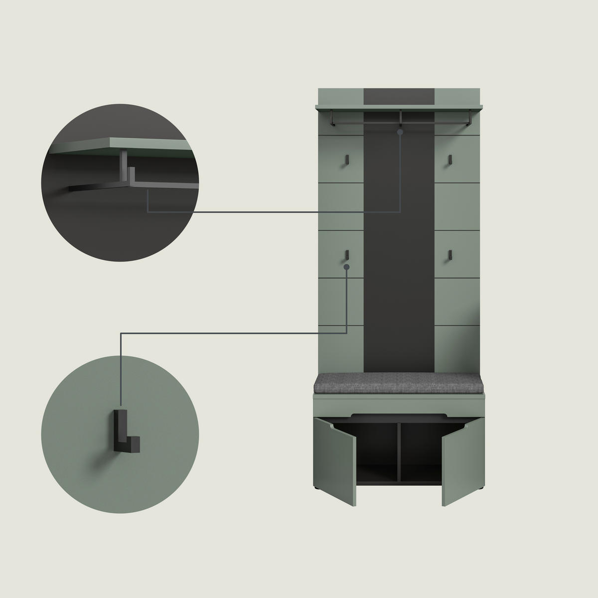 ŠATNA, 255/190/37 cm - šedá/šedozelená, Design, kompozitní dřevo (255/190/37cm) - Livetastic