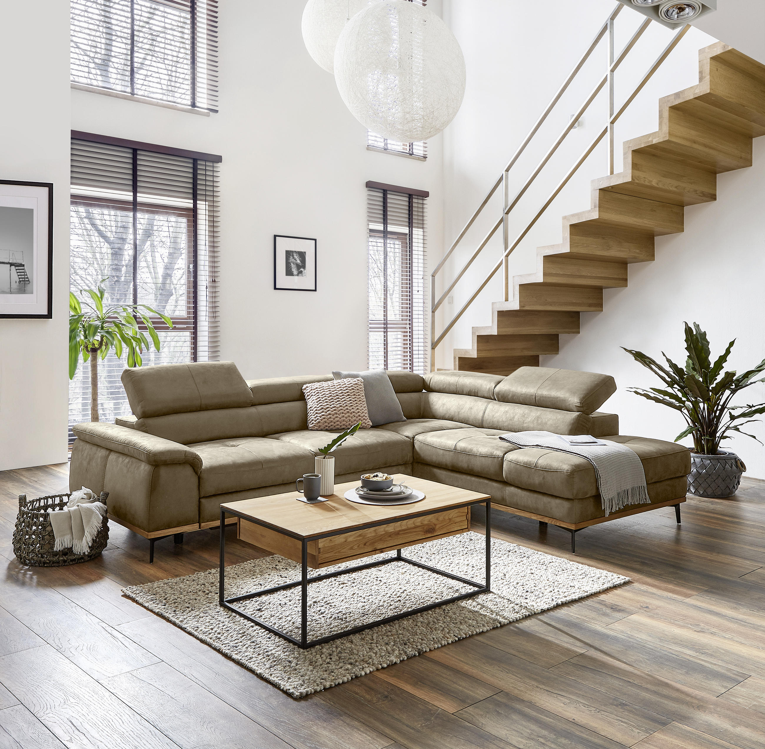 ECKSOFA in Lederlook Sandfarben  - Sandfarben/Schwarz, Natur, Holz/Textil (282/226cm) - Novel