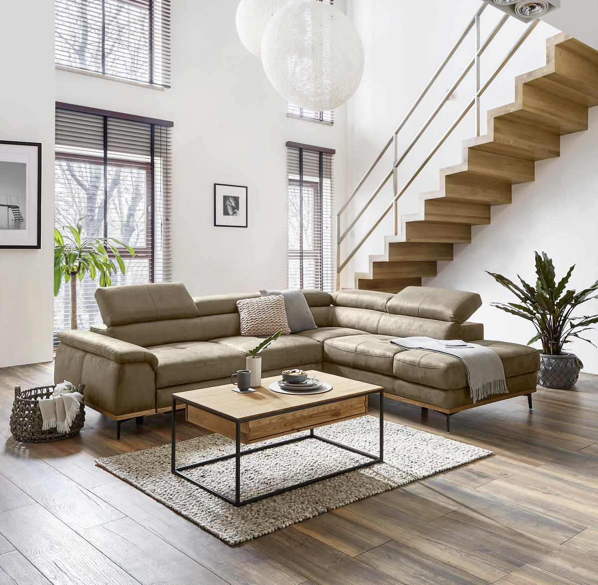 ECKSOFA inkl.Funktionen Sandfarben Lederlook  - Sandfarben/Schwarz, Natur, Holz/Textil (282/226cm) - Novel