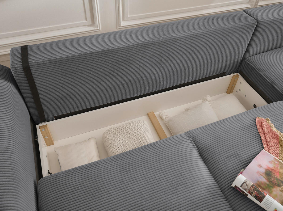 ECKSOFA in Cord Dunkelgrau  - Dunkelgrau/Schwarz, Konventionell, Kunststoff/Textil (318/197cm) - MID.YOU
