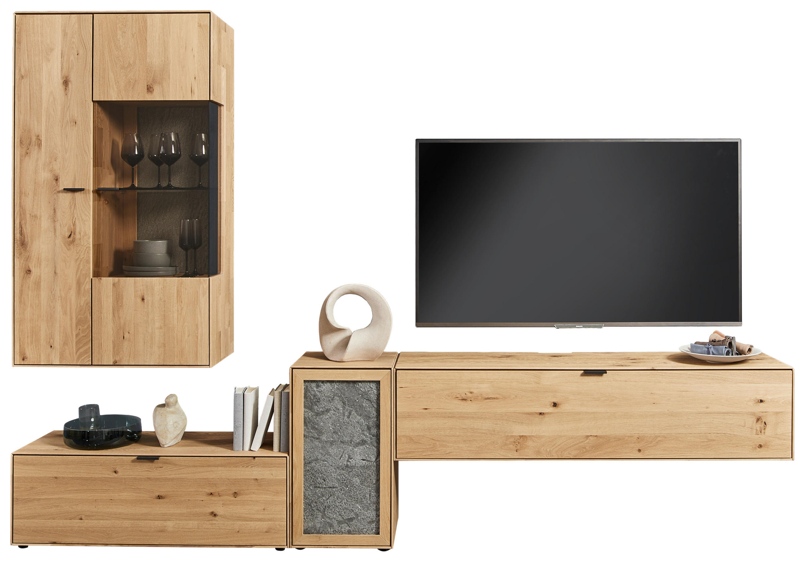 WOHNWAND  in Wildeiche 298,2/206,6/37,1 cm  - Wildeiche/Schwarz, Natur, Glas/Holz (298,2/206,6/37,1cm) - Valnatura