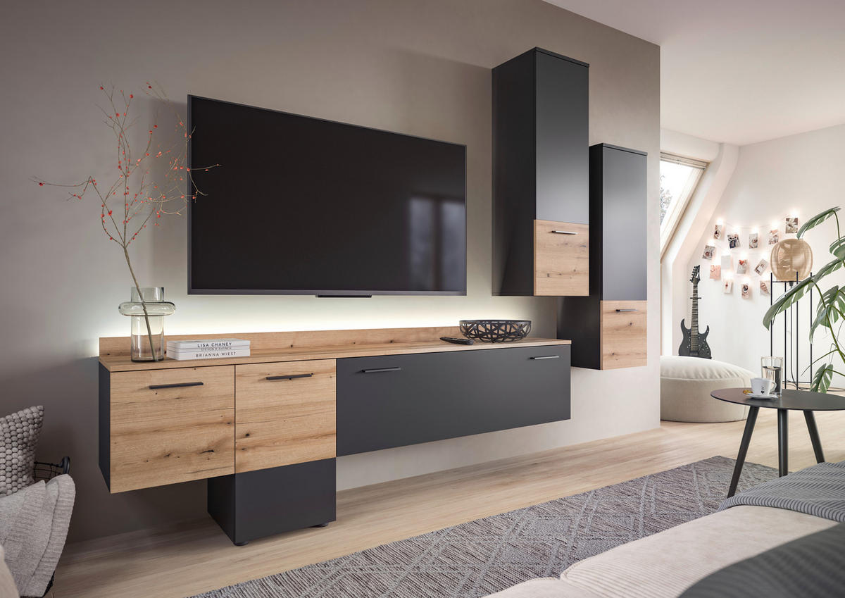 DNEVNI REGAL,  siva, barve hrasta  - siva/črna, Design, umetna masa/leseni material (247/196/37cm) - Livetastic