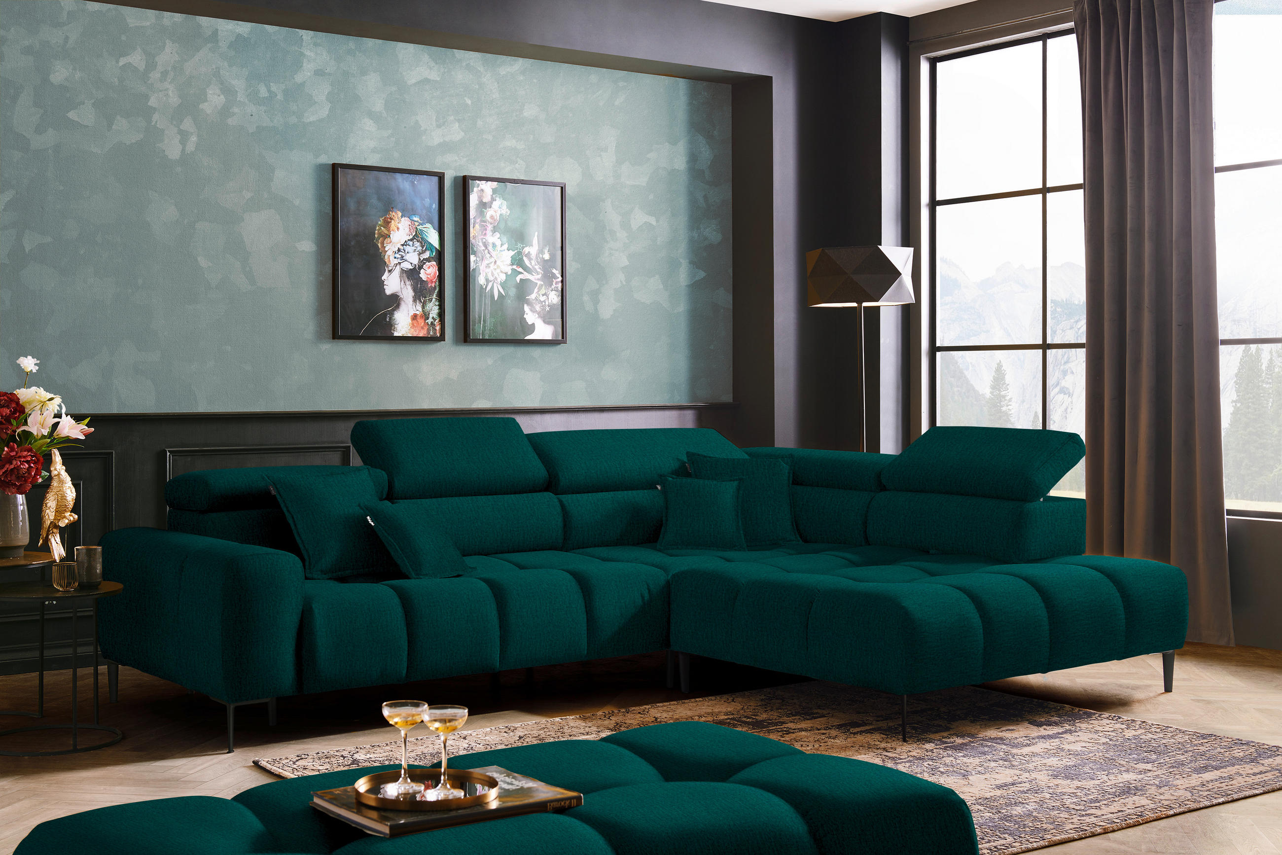 ECKSOFA in Samt, Webstoff Dunkelgrün  - Dunkelgrün/Schwarz, Design, Textil/Metall (300/216cm) - Welnova